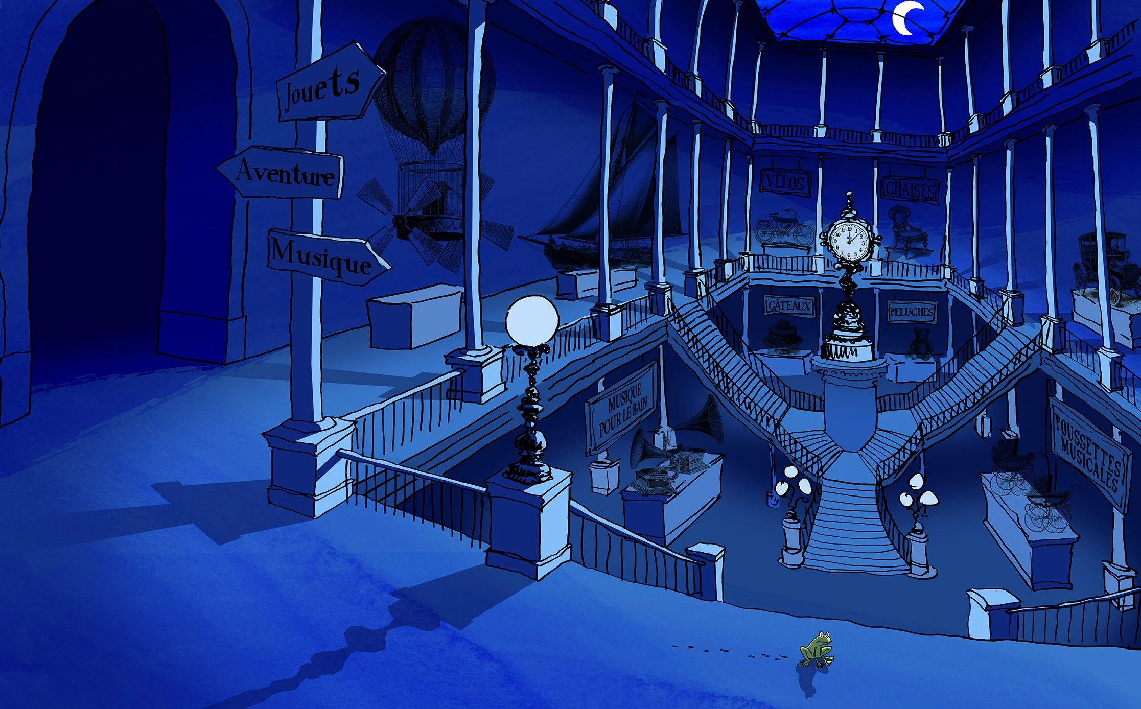 Two page spread from  an illustrated chidlren's book showing a large store at night with the moon shining.