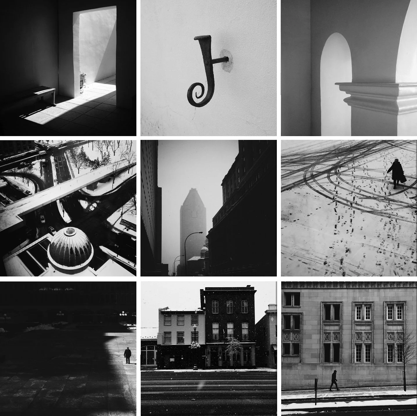 Grid of black and white photos, street views, snowy landscapes, cityscapes and architectural details.