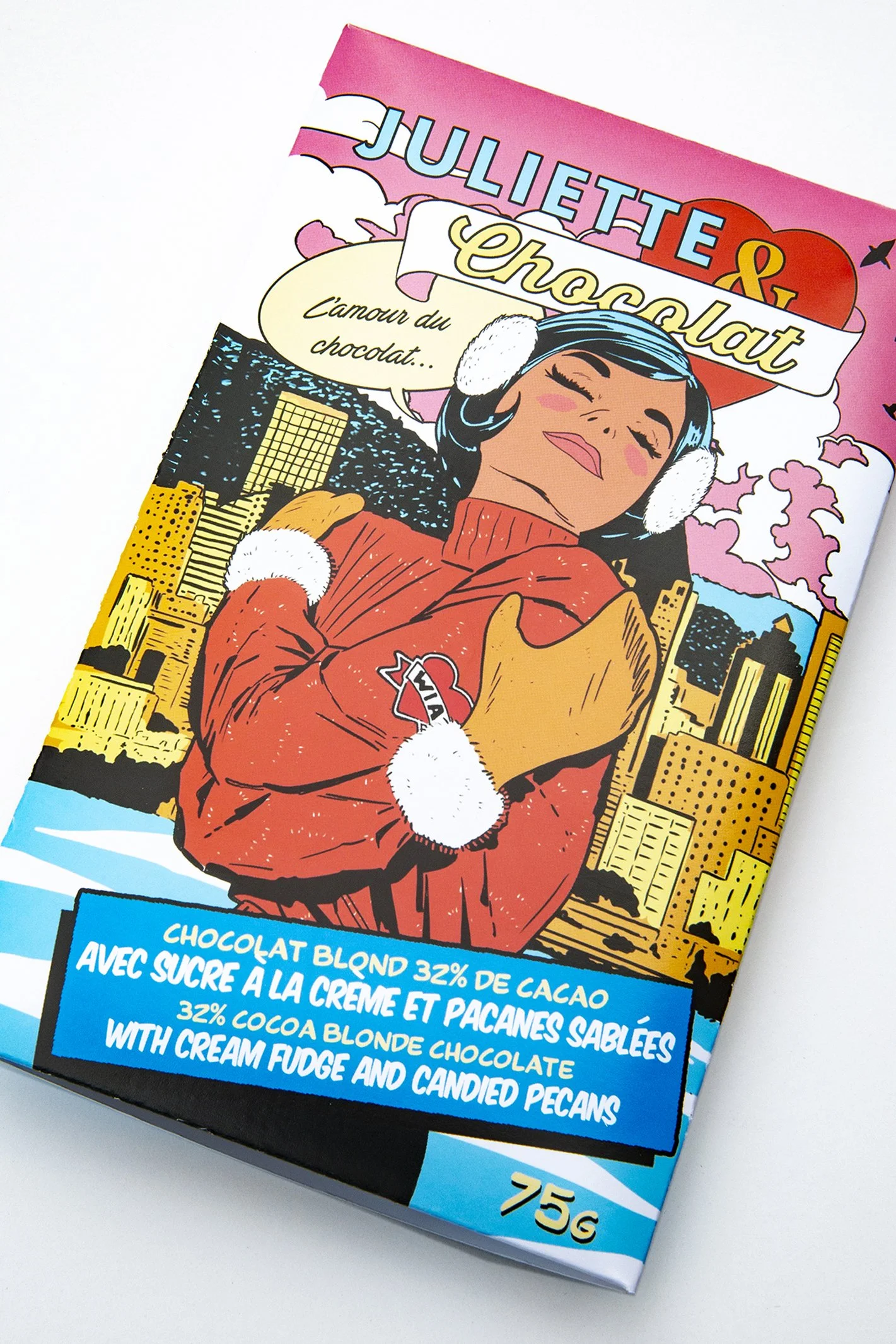 Illustrated chocolate bar packaging with colorful Montreal scene 