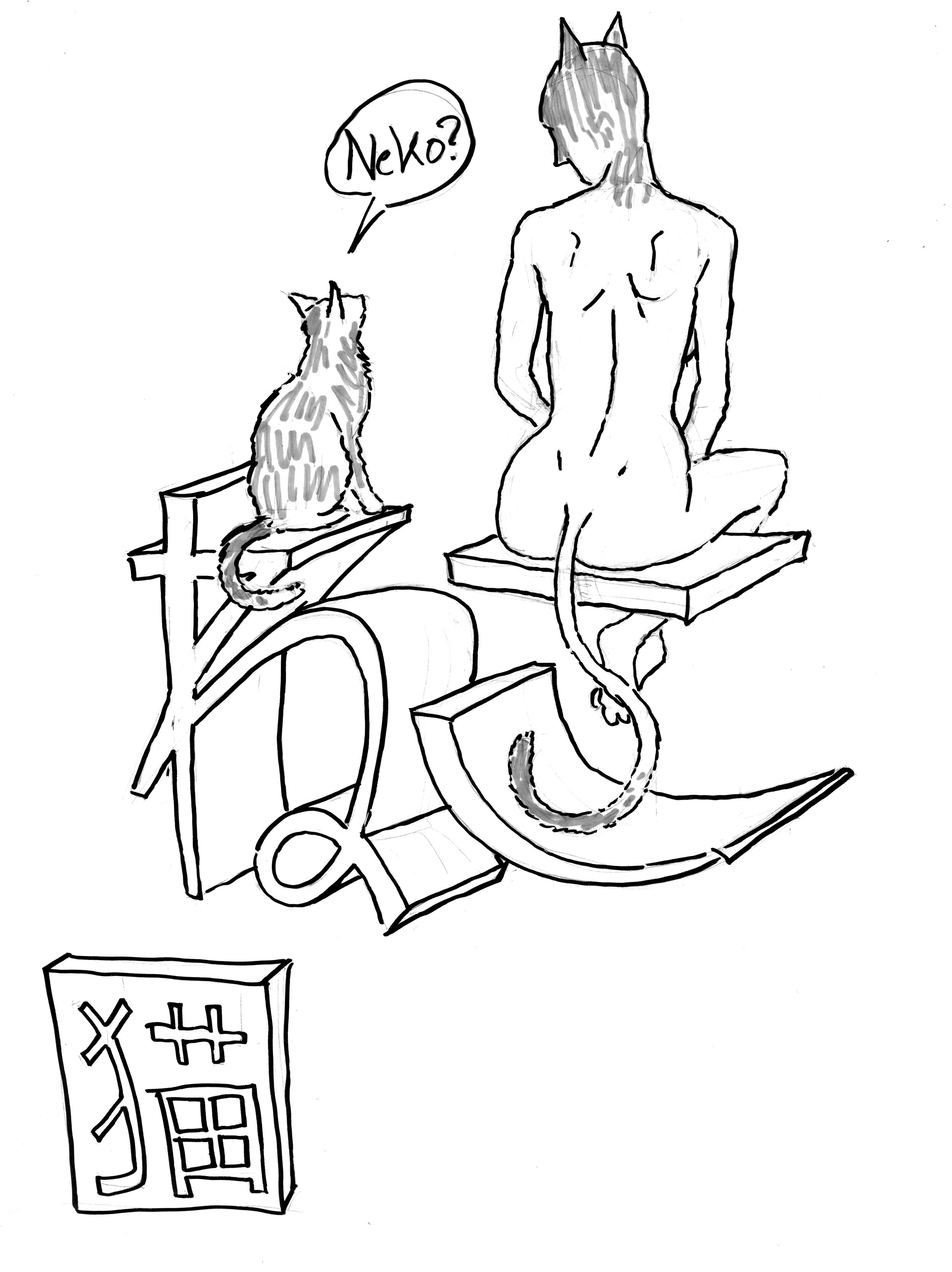 Sketchbook drawing of a cat and a catwoman with the japanese word for cat neko