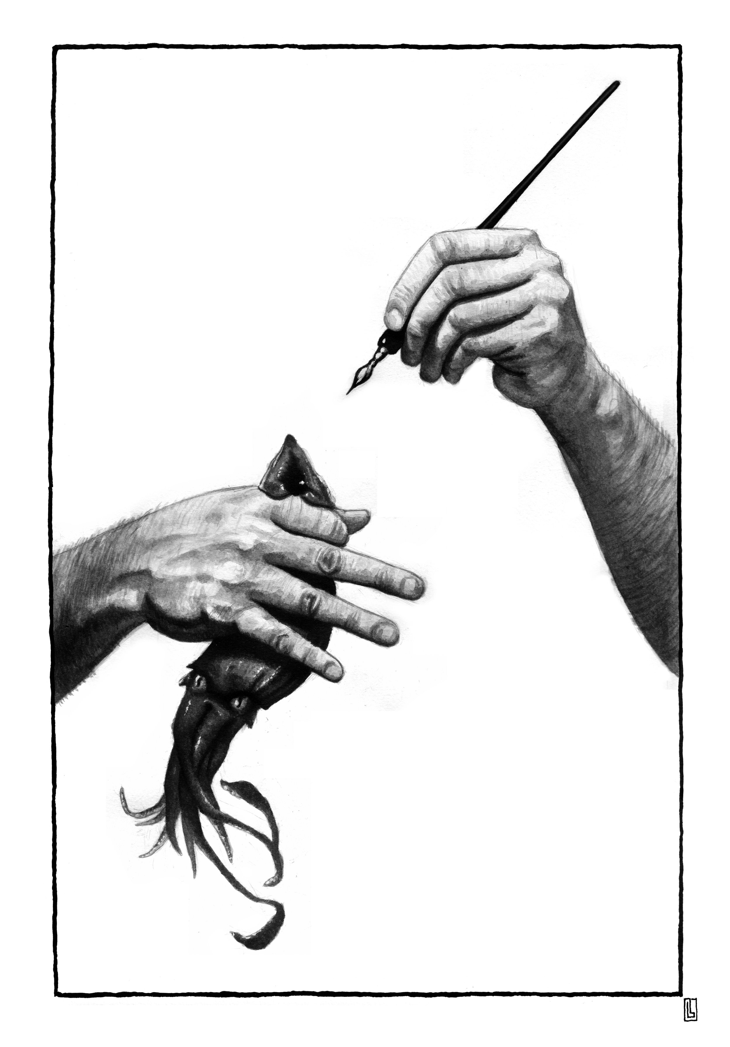 Graphic black and white illustration of hands painting with a squid and squid ink, humorous and strange drawing, photorealistic