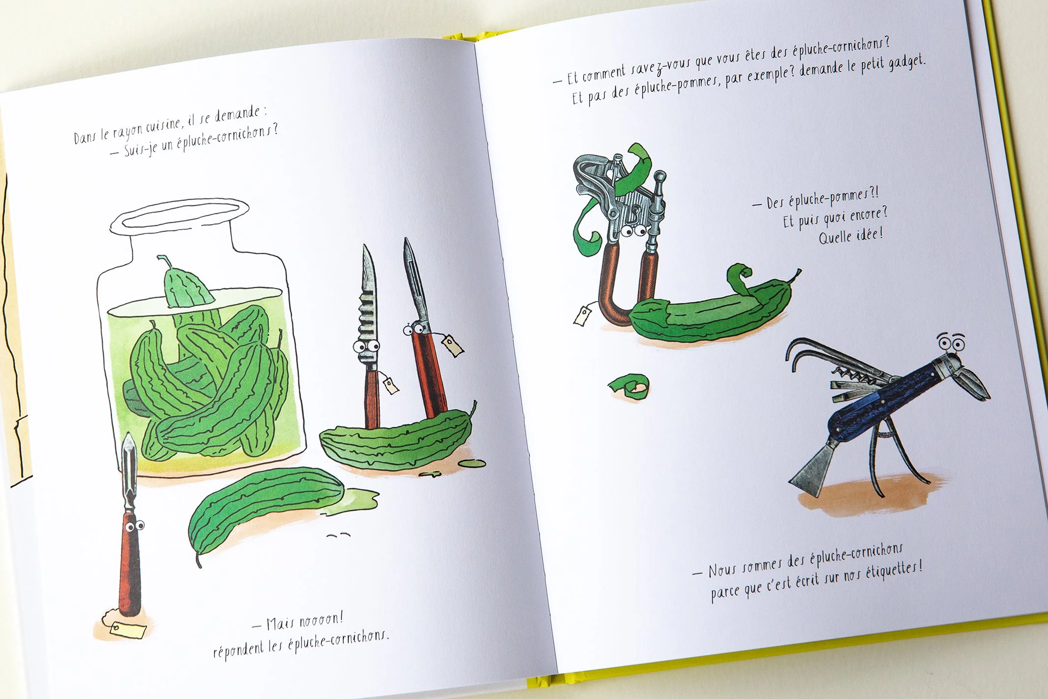 Goofy pickles and kitchen utensils arguing in a two page spread from a children's book by Lionel May