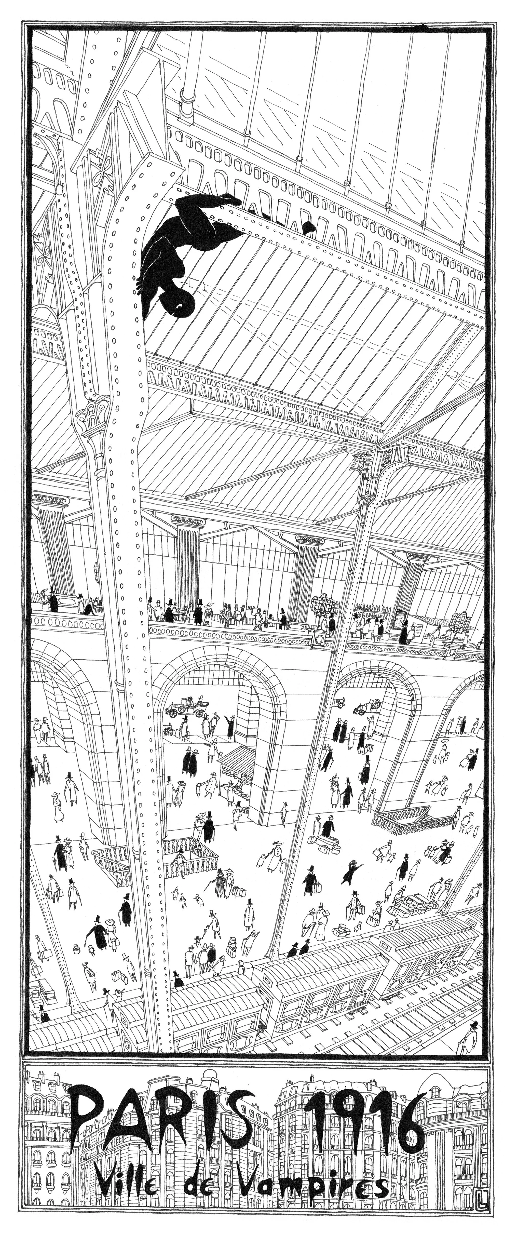 Comic page, black and white graphic novel art, Paris architecture , vintage design with perspective