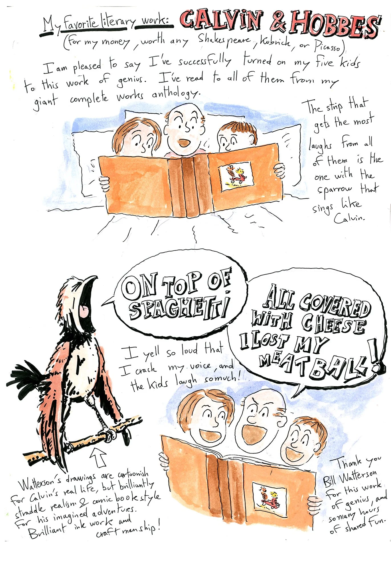 A page from a sketchbook, funny drawing of dad reading Calvin and Hobbes to his children, storytime funny scene