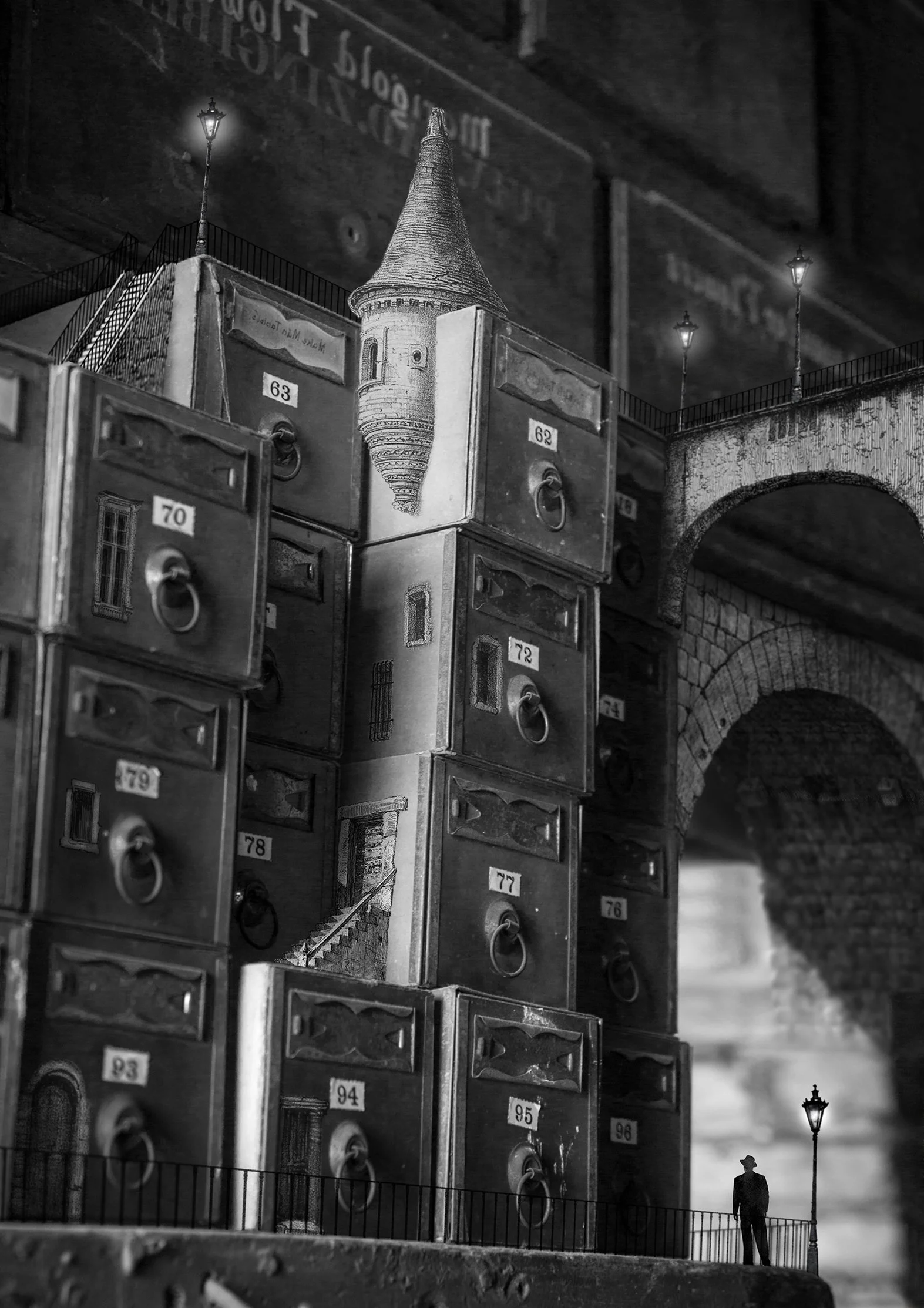 Vintage style photo collage with boxes, silhouettes, moody film noir scene, architecture illustration