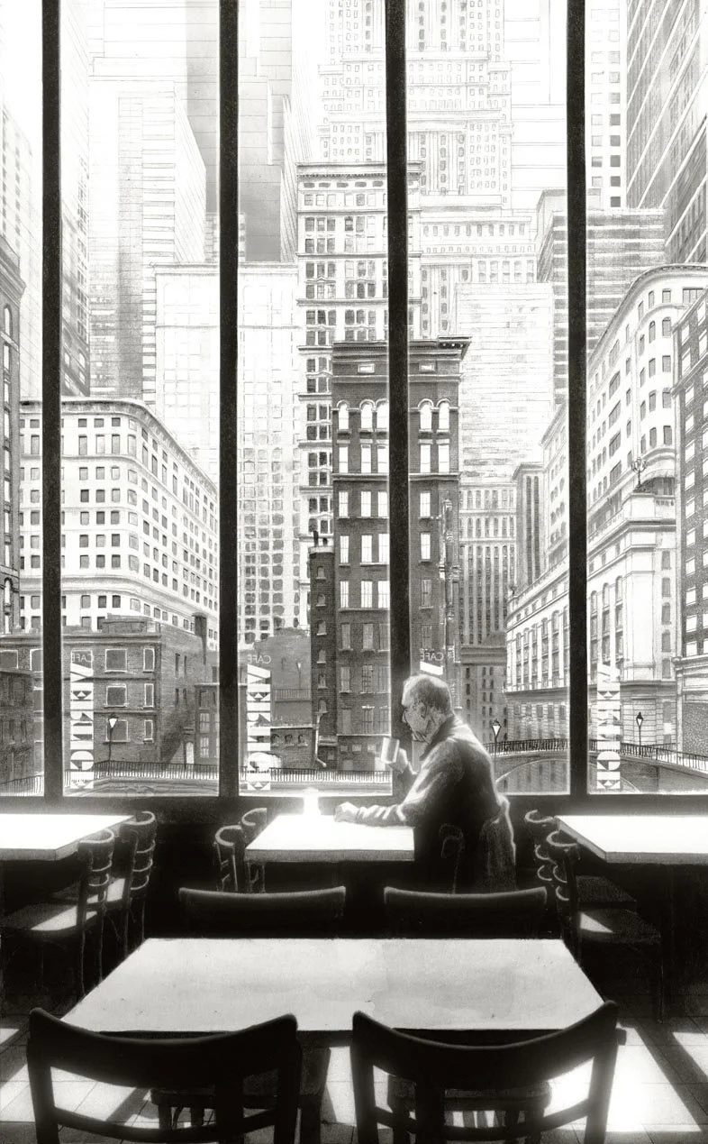 Architecture illustration of a cafe in a futuristic city of tall buildings, black and white detailed drawing