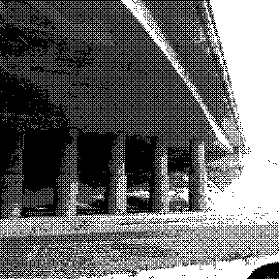 Highway underpass with columns, black and white shapes and textures