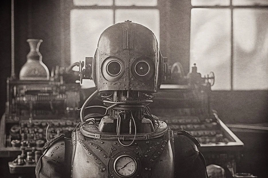A mechanical pilot, science fiction steampunk robot with wires, dials and machinery