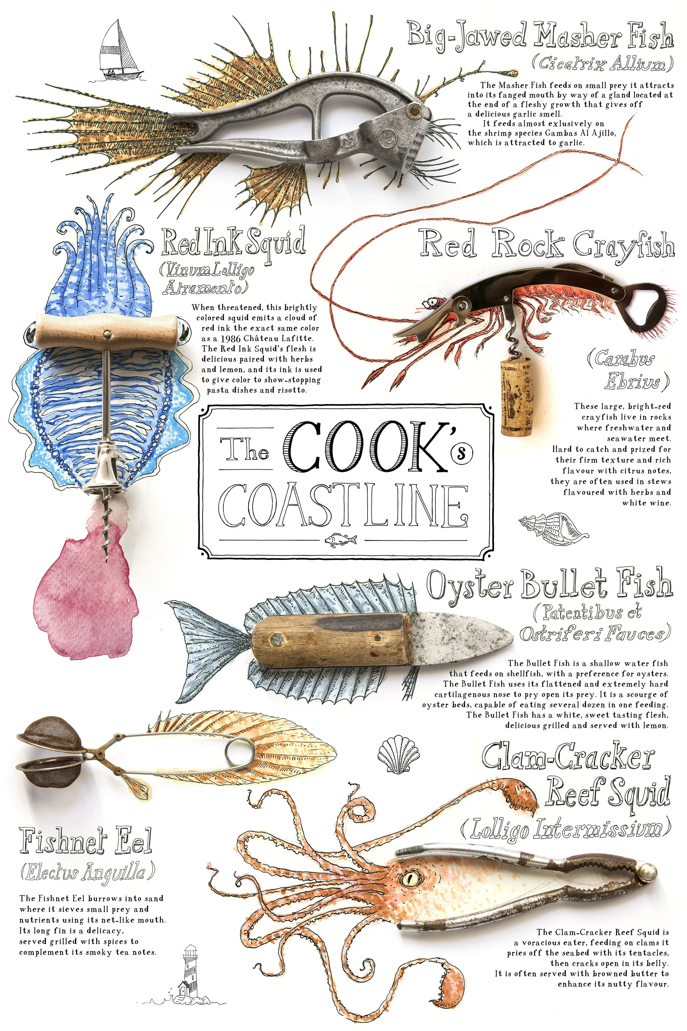 Funny drawing of cooking ustensils and tools as fish and clams, humorous poster of imaginary animals