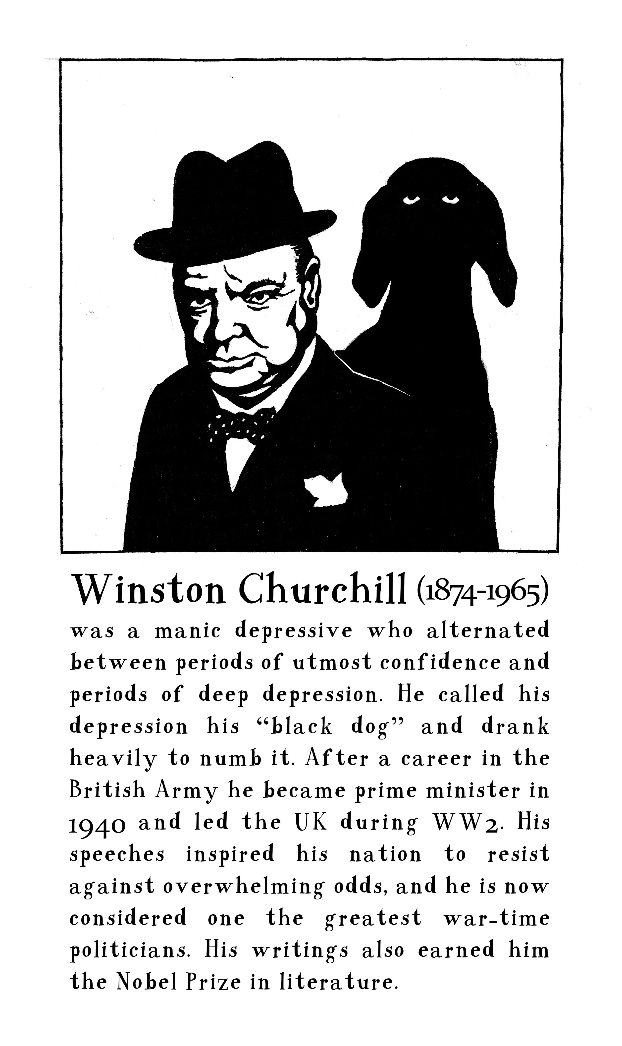A portrait of Winston Churchill, ink on paper.