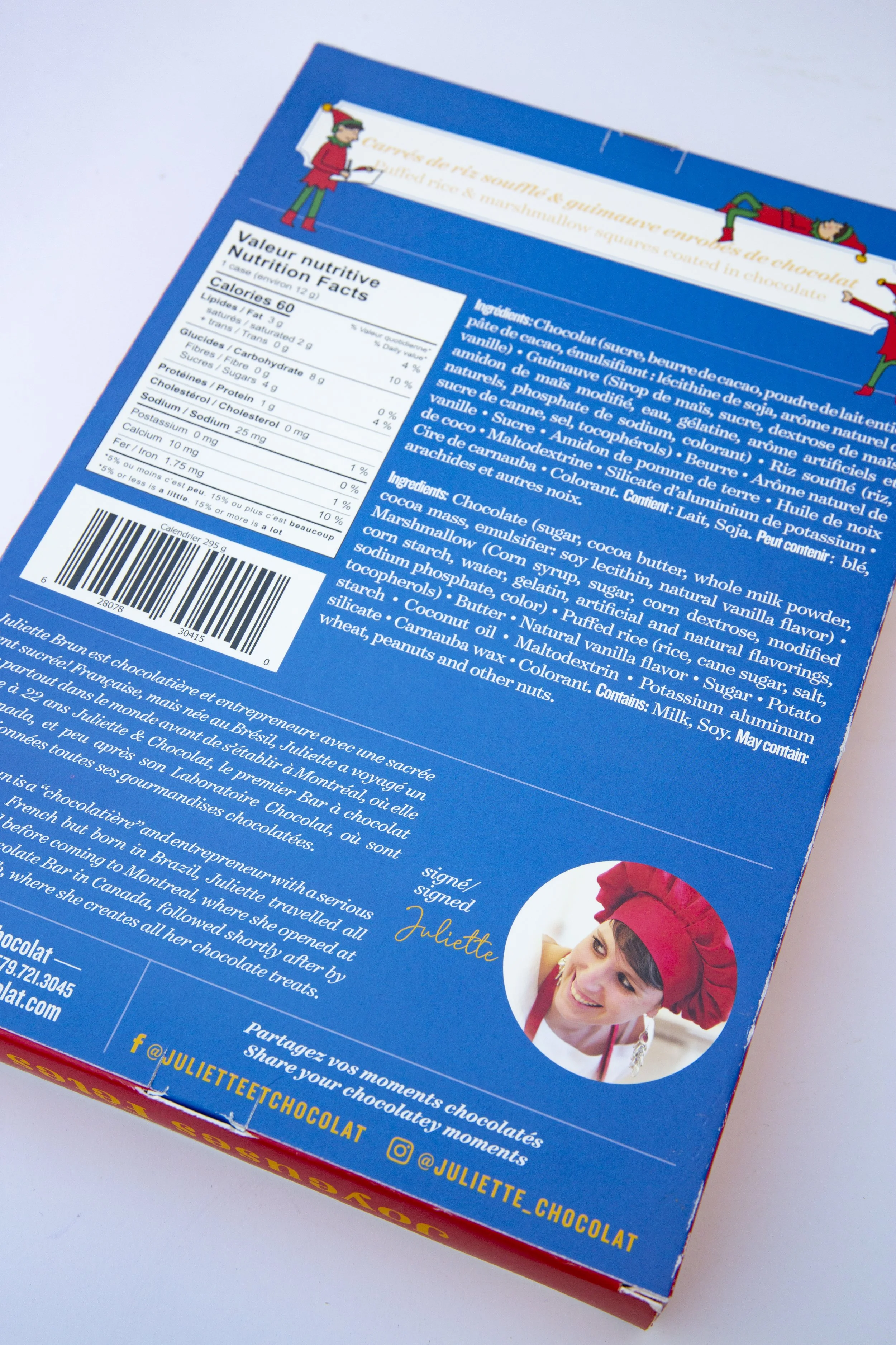 Back of the box for the Juliette & Chocolat Advent Calendar showing the ingredients and the biography and photo of Juliette, the creator of the brand