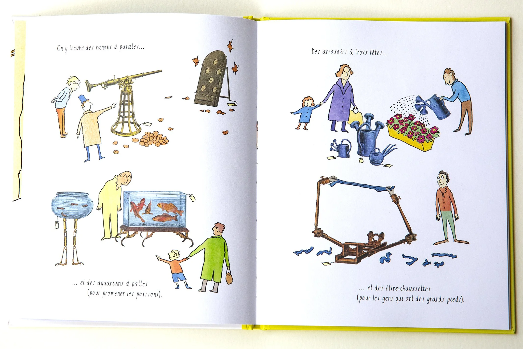 Goofy and funny objects in a two-page spread from Lionel May's Illustrated children's book: The Little Gadget without a Label