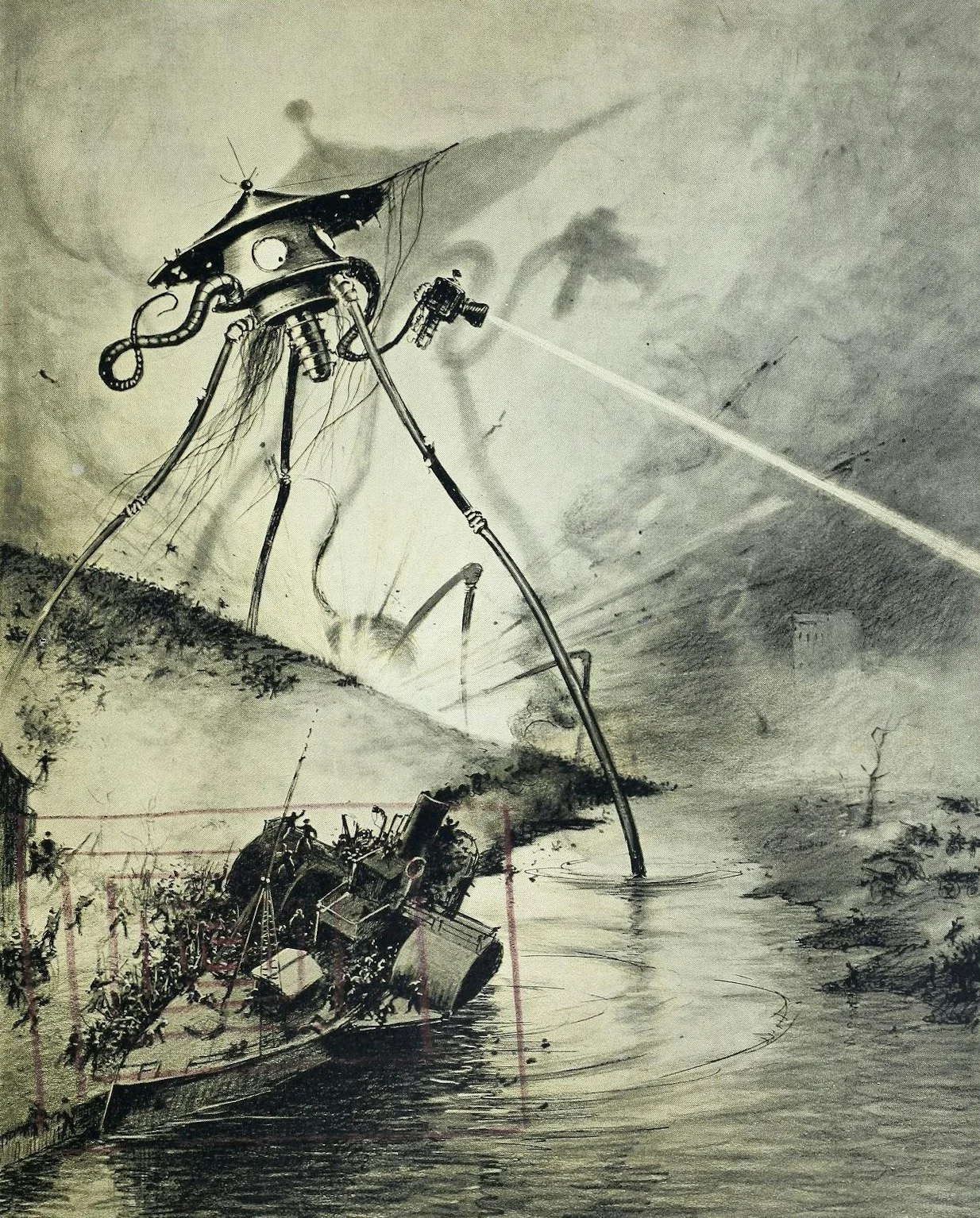 Vintage illustration by Alvim Correa for H.G. Well's War of the Worlds showing a Martian tripod attacking England.