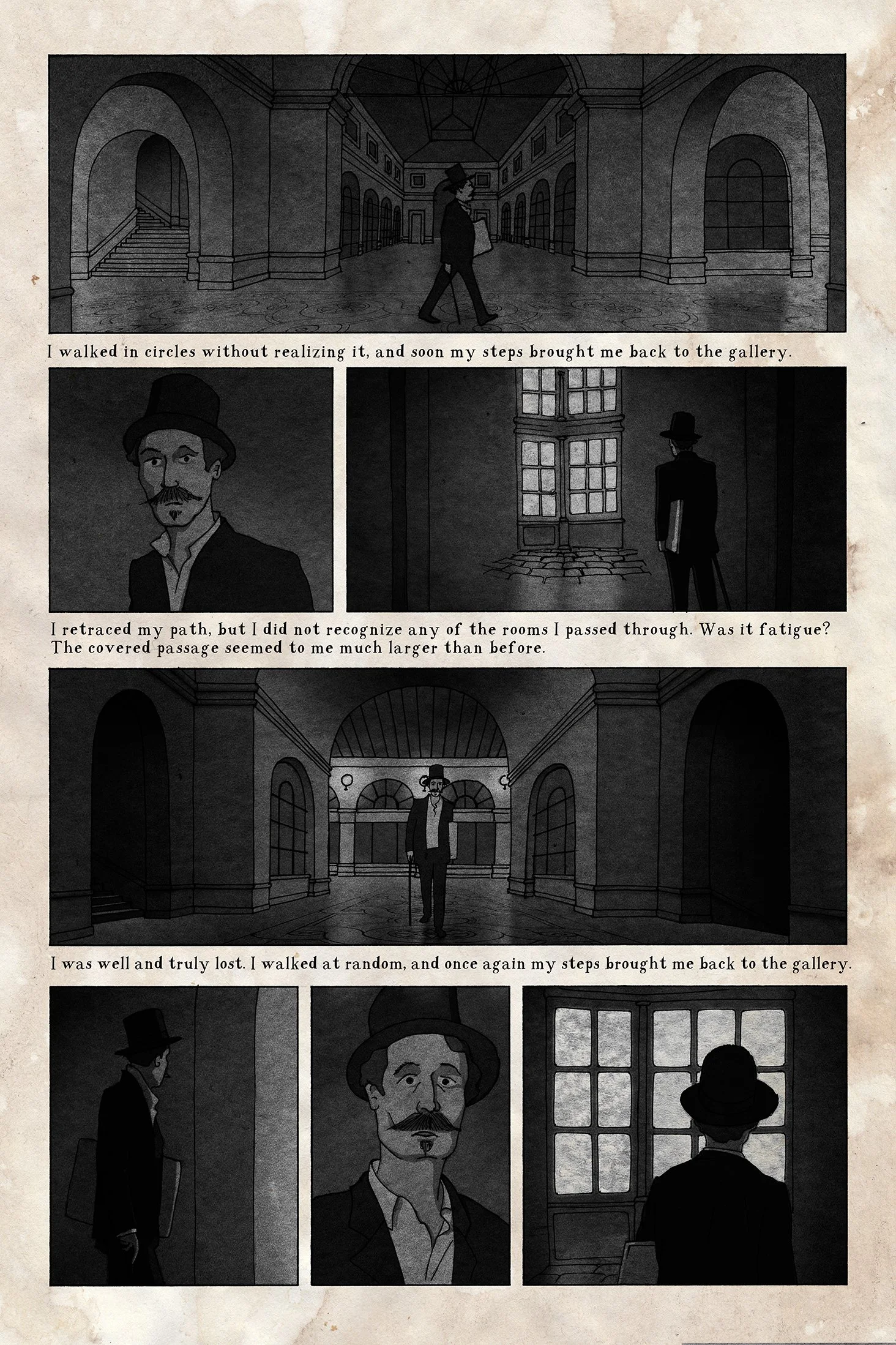 Graphic novel page of a man walking in a deserted city at night, black and white art