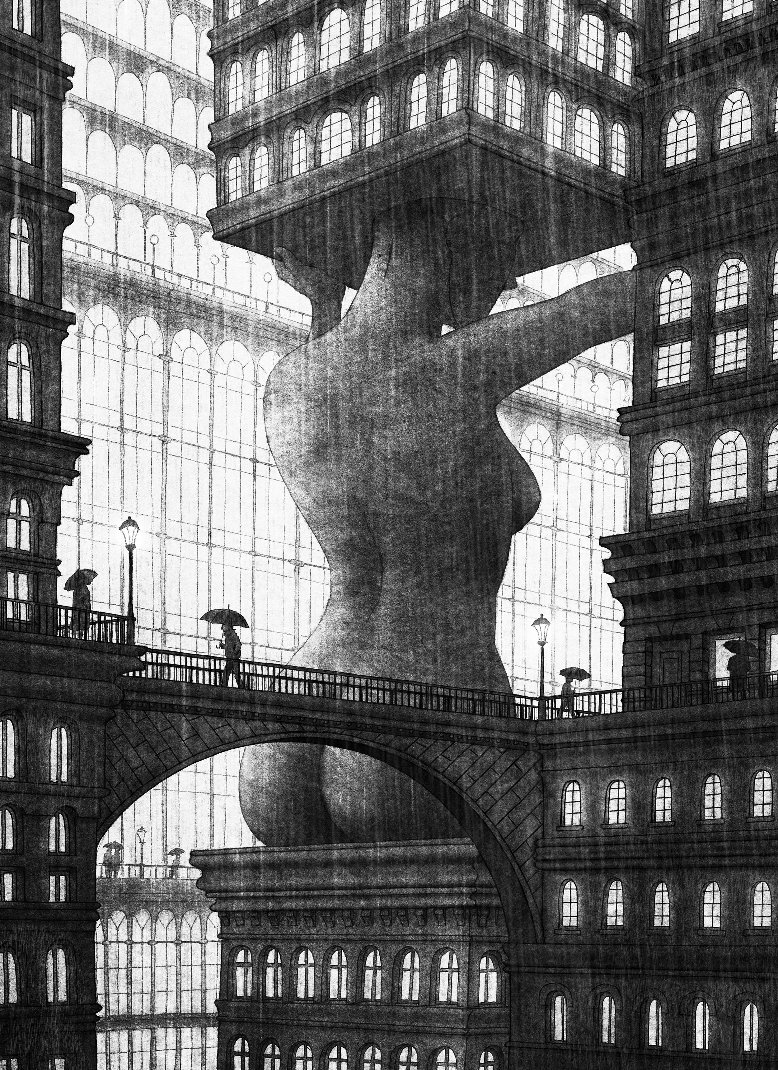 Black and white architecture illustration, a building in the shape of a woman, huge skyscrapers in an imaginary science fiction city called Utropiia. 
