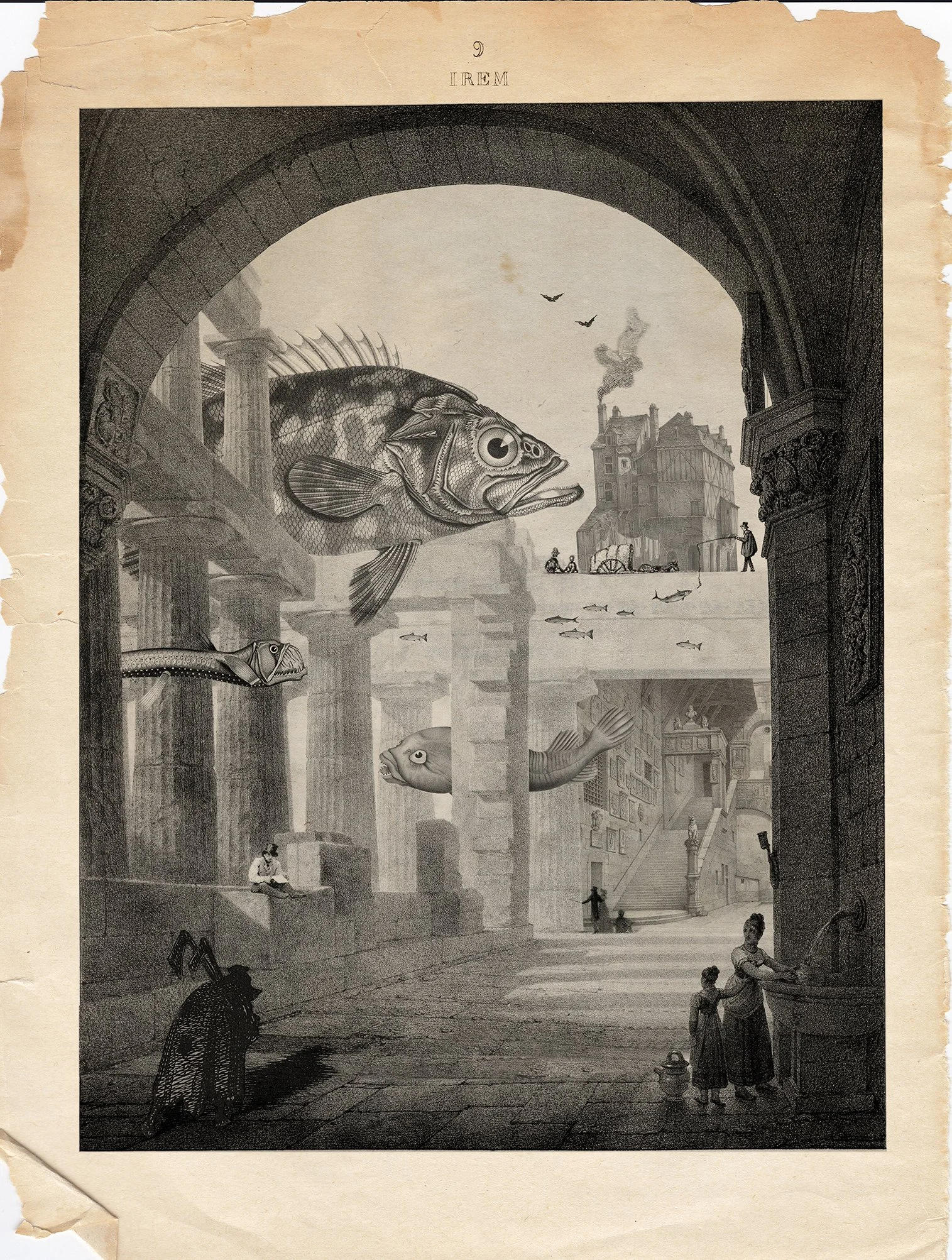 Surreal photo collage with fish flying over vintage city, image assembled from vintage images and illustrations