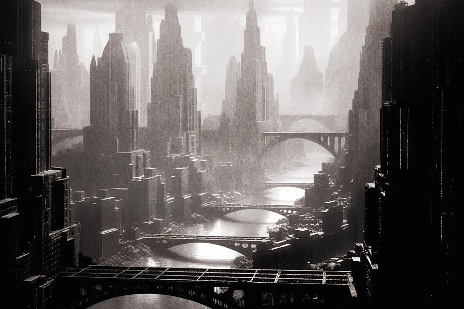 Incredible retro-futuristic city of giant buildings and elegant bridges captured on vintage black and white film
