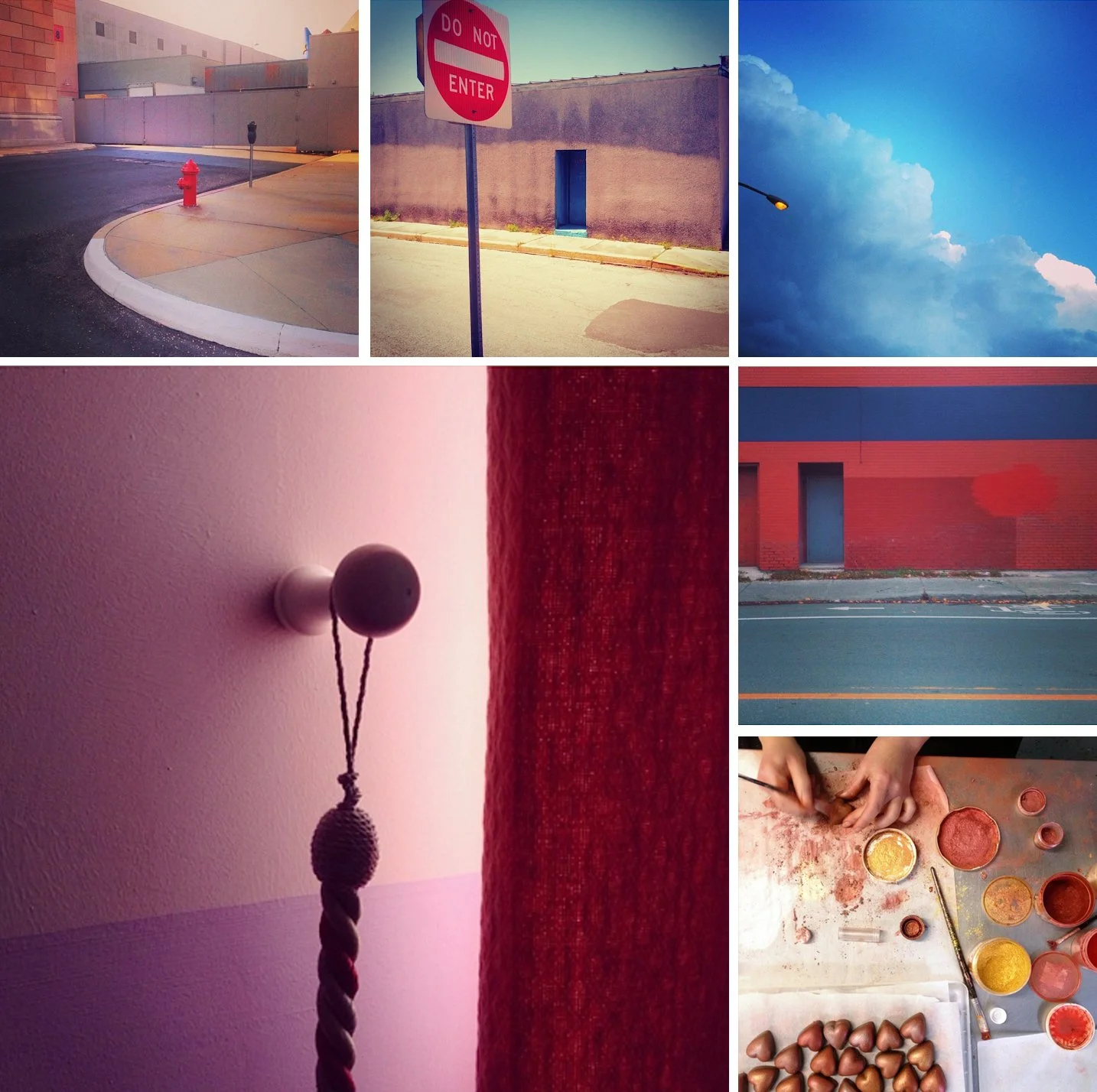 Grid of colorful photos, street corner with stop sign, blue sky with lamp, hand making pastry, close-up of light on wall