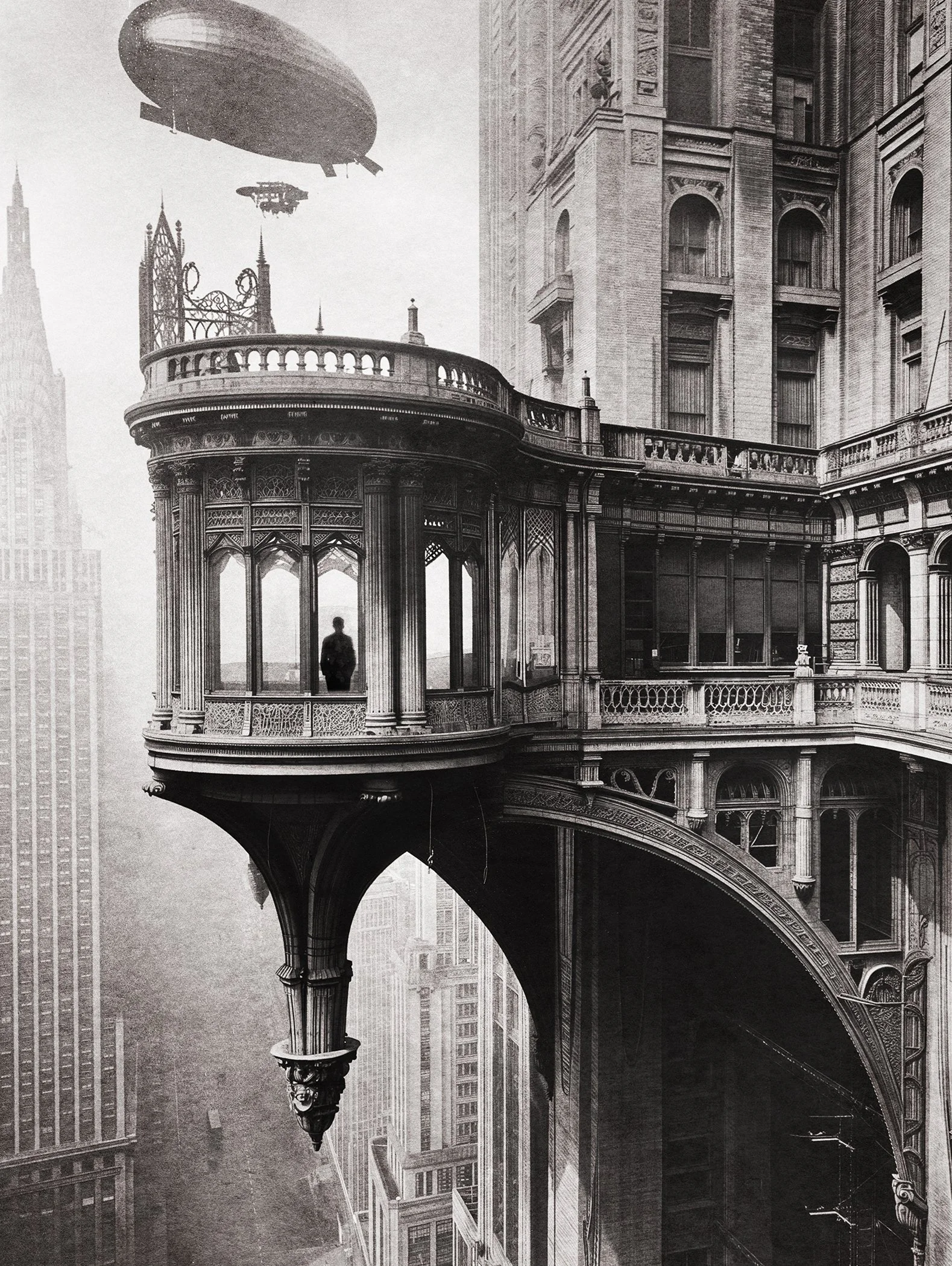 Utropiia's architecture, beautiful futuristic building over a vast sci-fi city, black and white photo