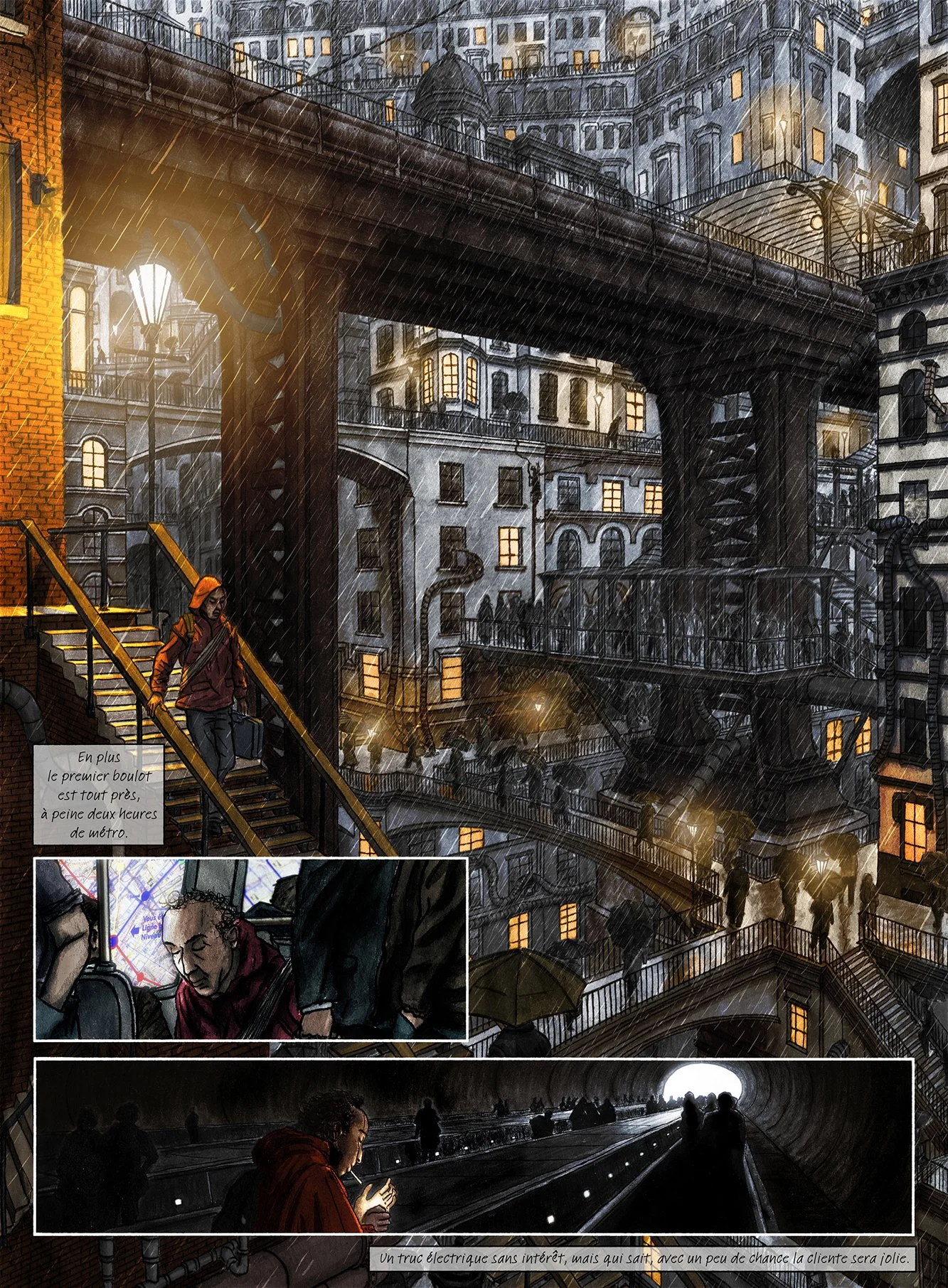 A full page illustration of a futuristic city in the rain