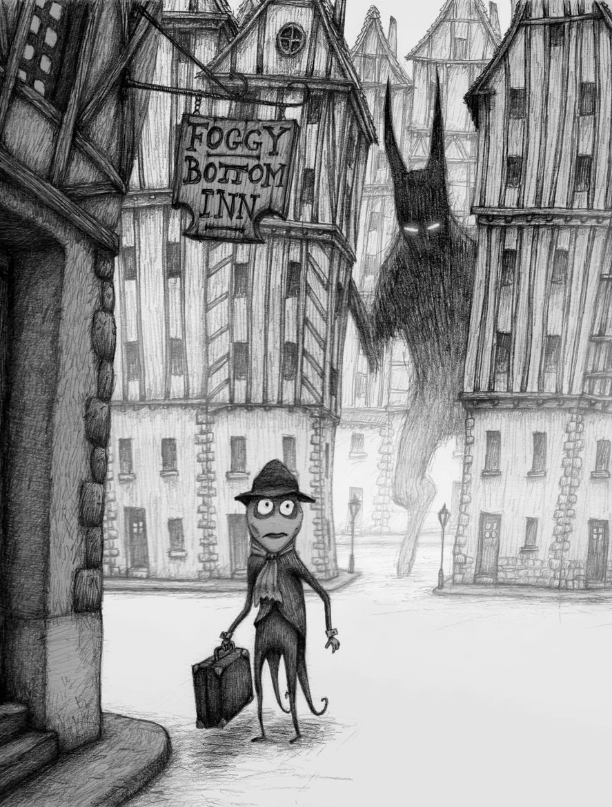 Cartoon illustration in moody black and white of a cute character in a stange medieval world with monster lurking, pencil and watercolor drawing