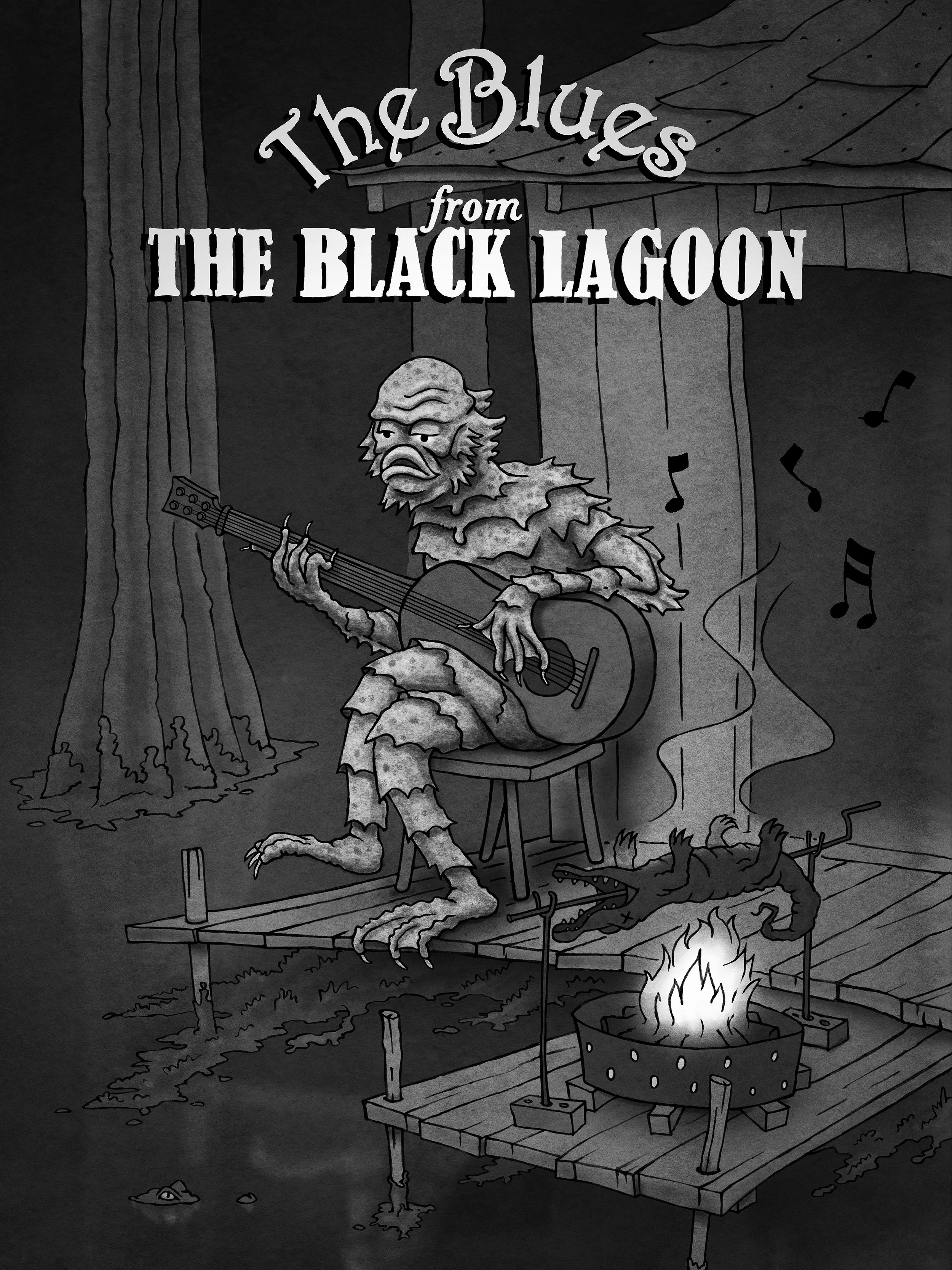 B movie creature illustration, playing guitar in the swamp