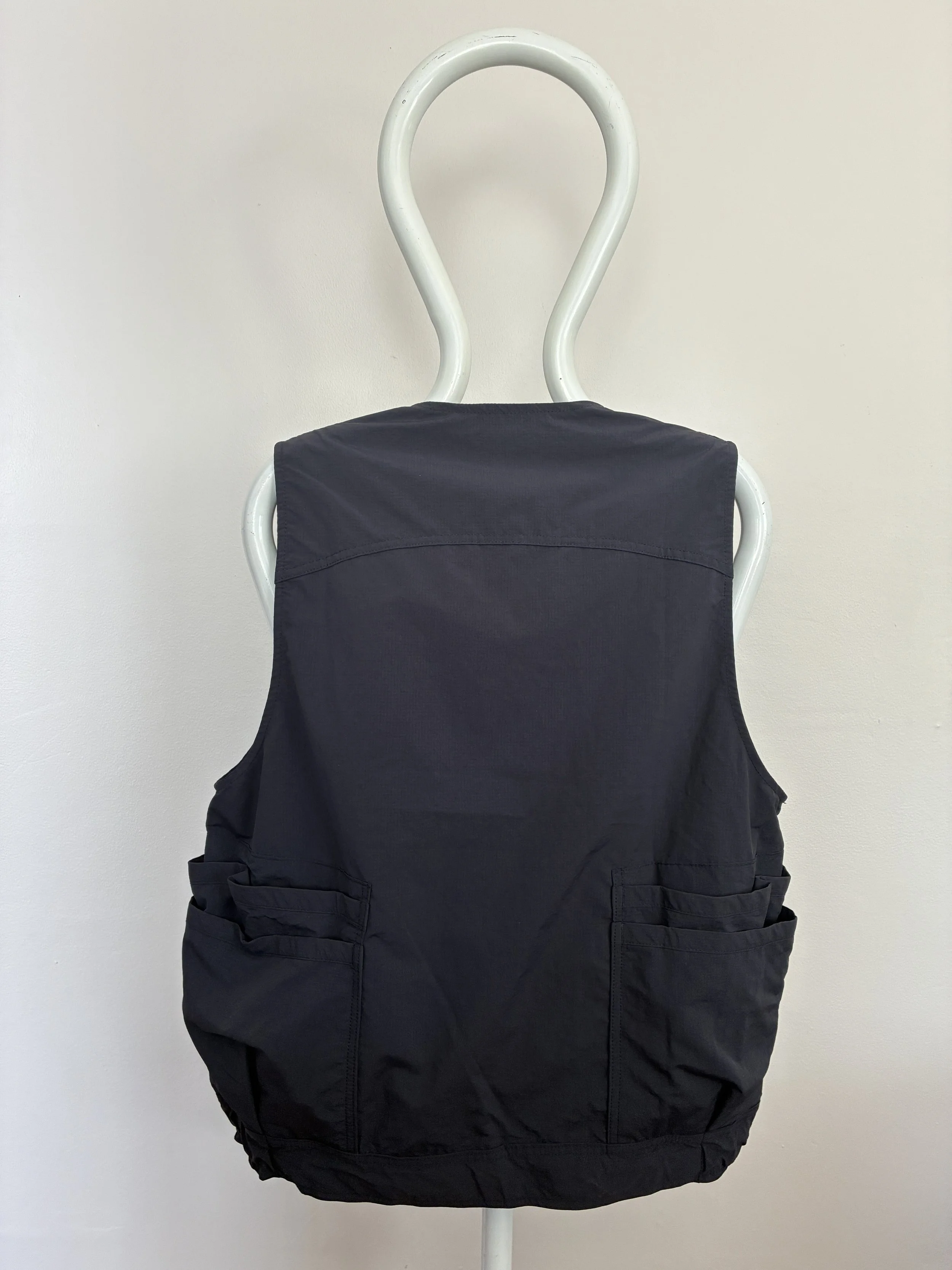Back of Navy Sassafras Overgrown Hiker Vest on mannequin