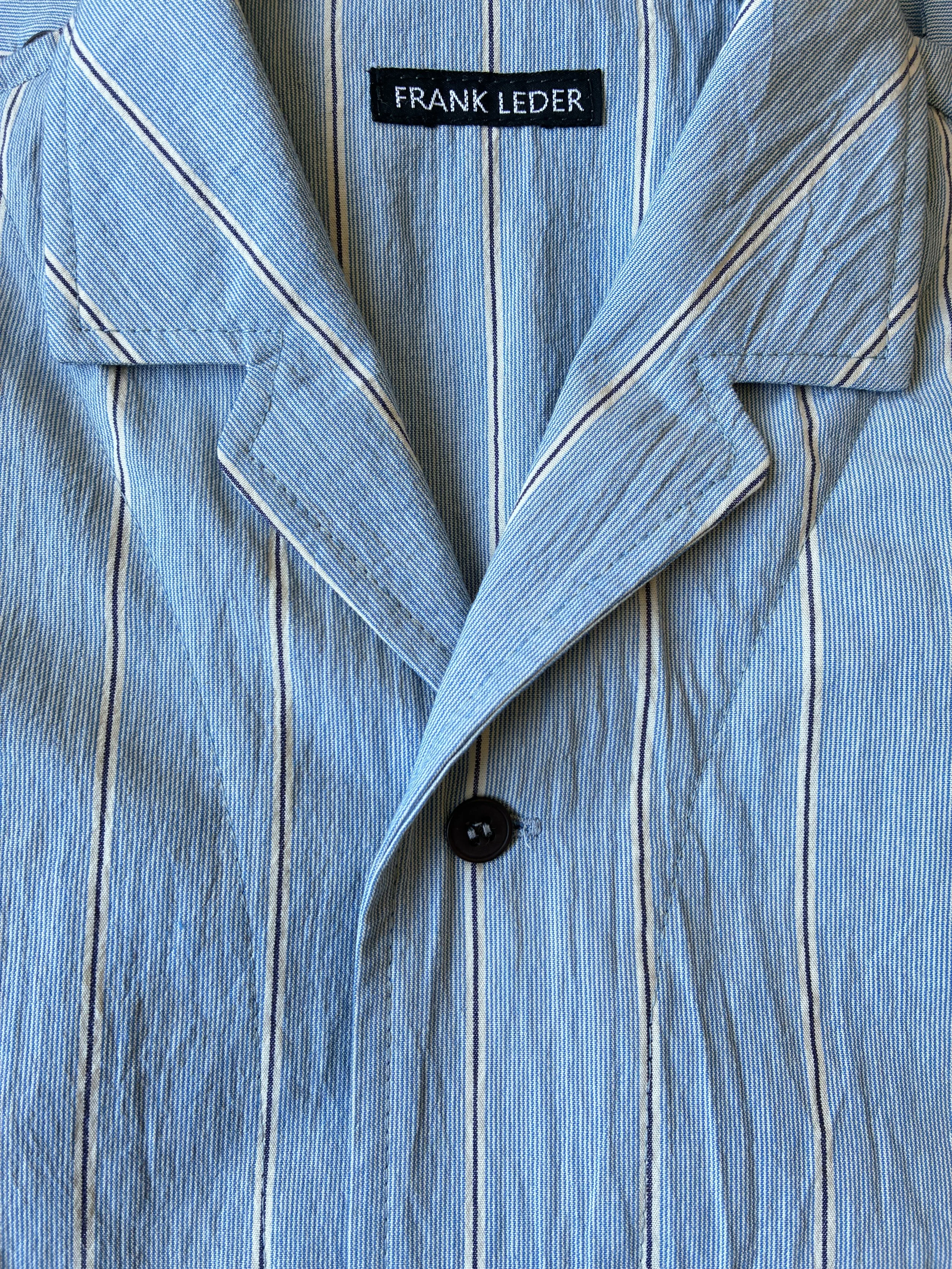 Close up of collar of Frank Leder Japanese Cotton Blue Stripe Shirt