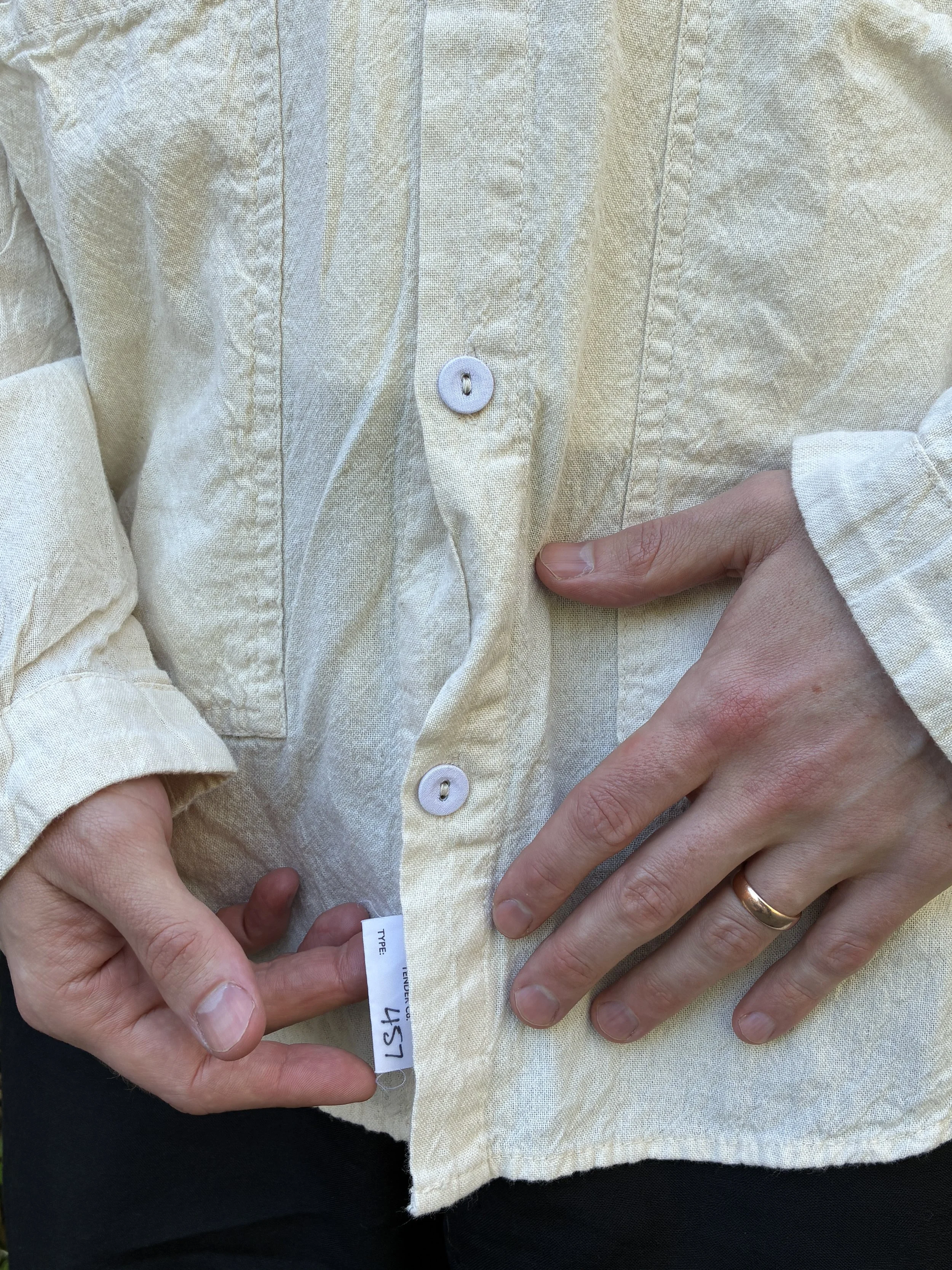 Closeup of buttons and pockets of rinsed Tender Co Type 457 Frock Shirt