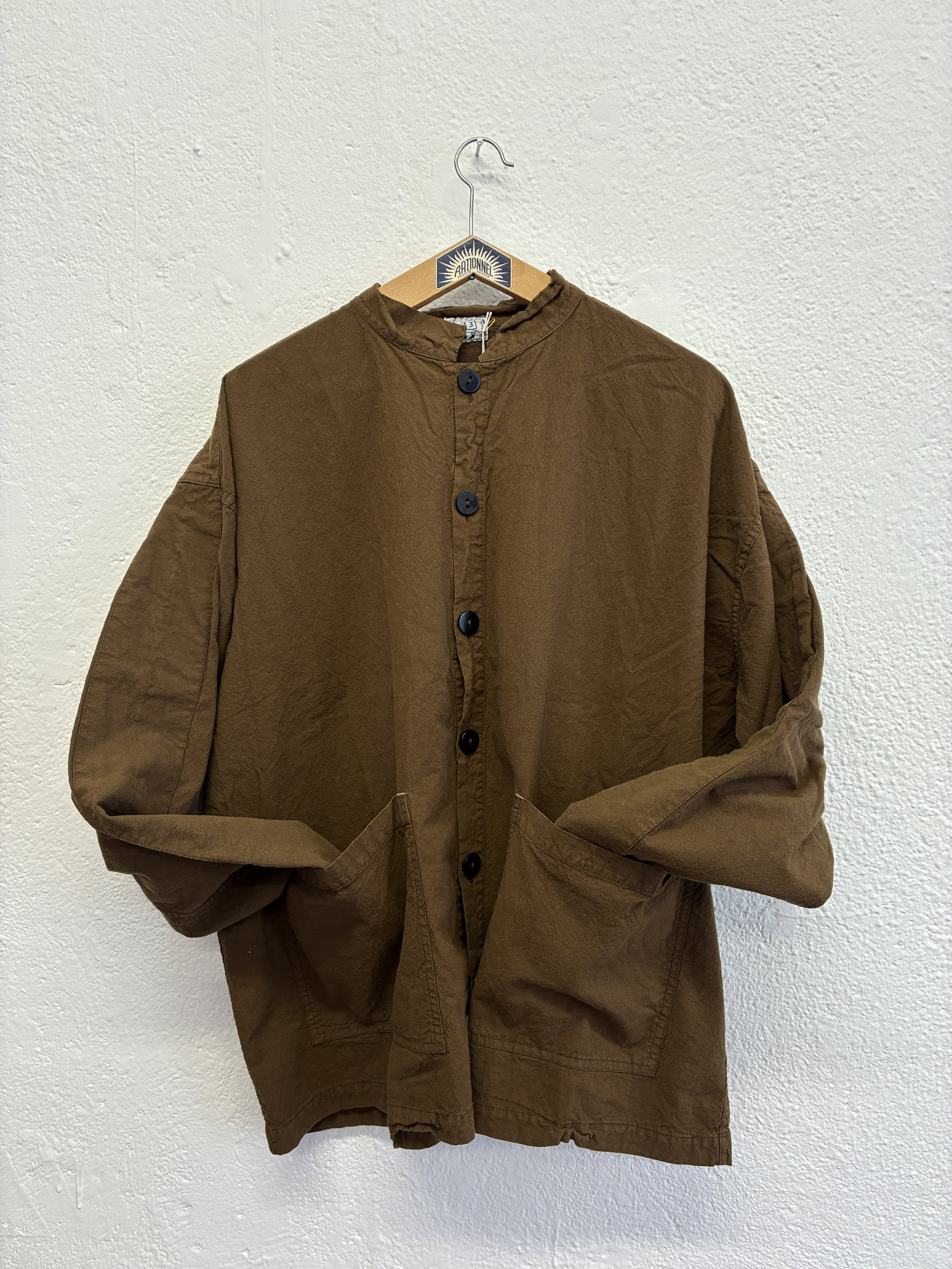 Tender Co Type 485 Isosceles Brown Hat Shirt  on hanger with cuffs in pockets