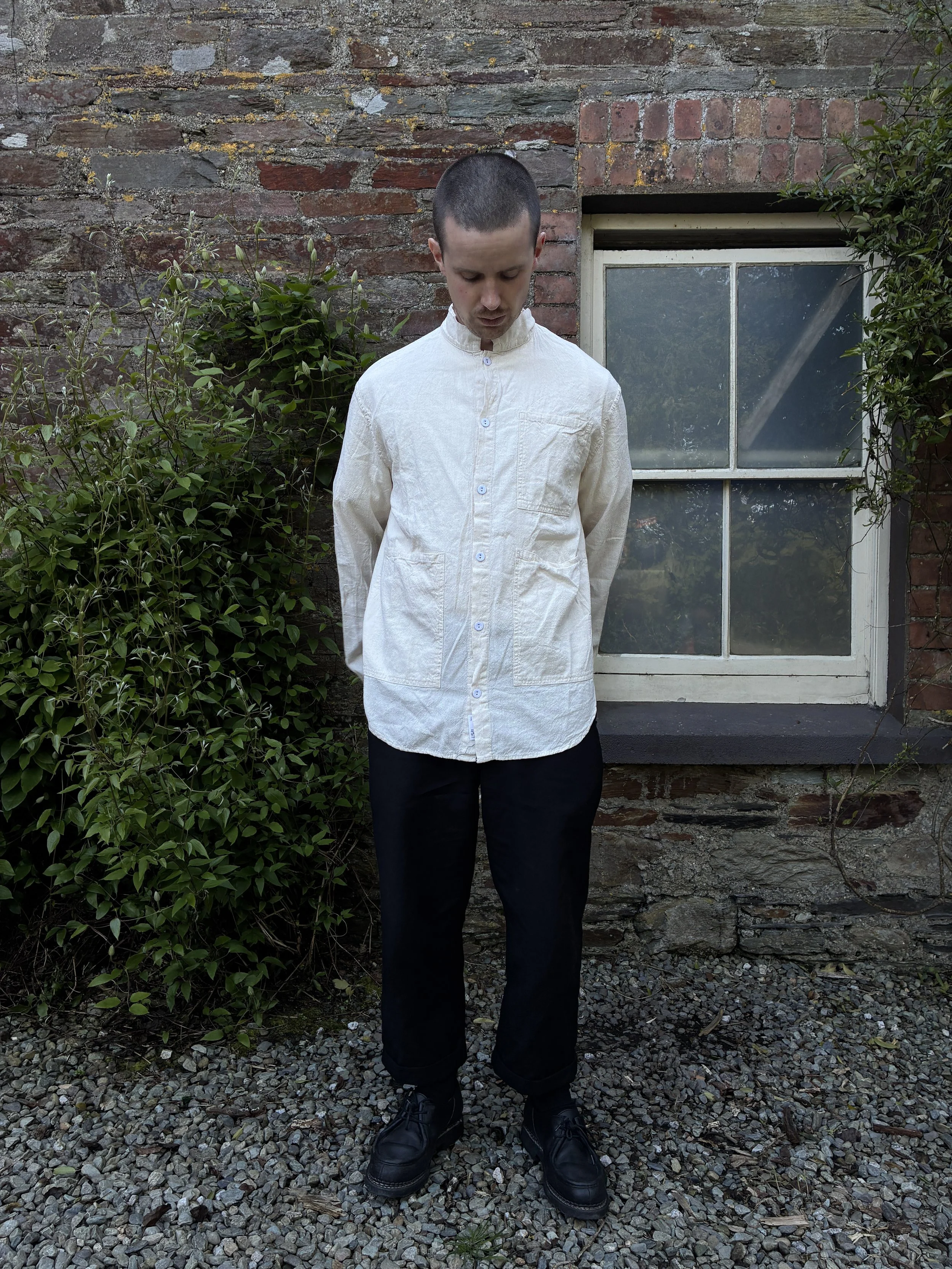 Man modelling cream Tender Co Type 457 Frock Shirt