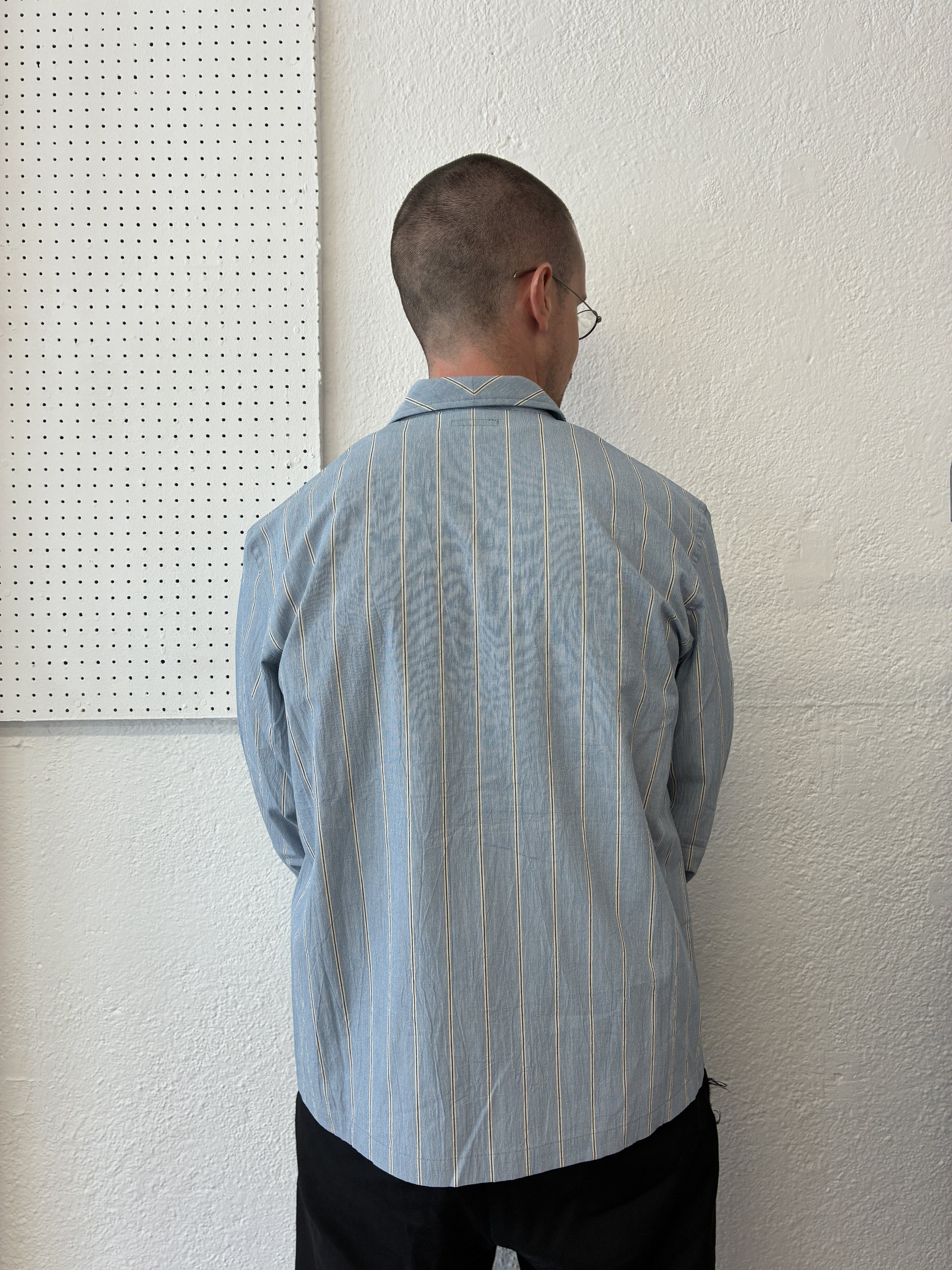 Back of Man wearing Frank Leder Blue Stripe Japanese Cotton Shirt