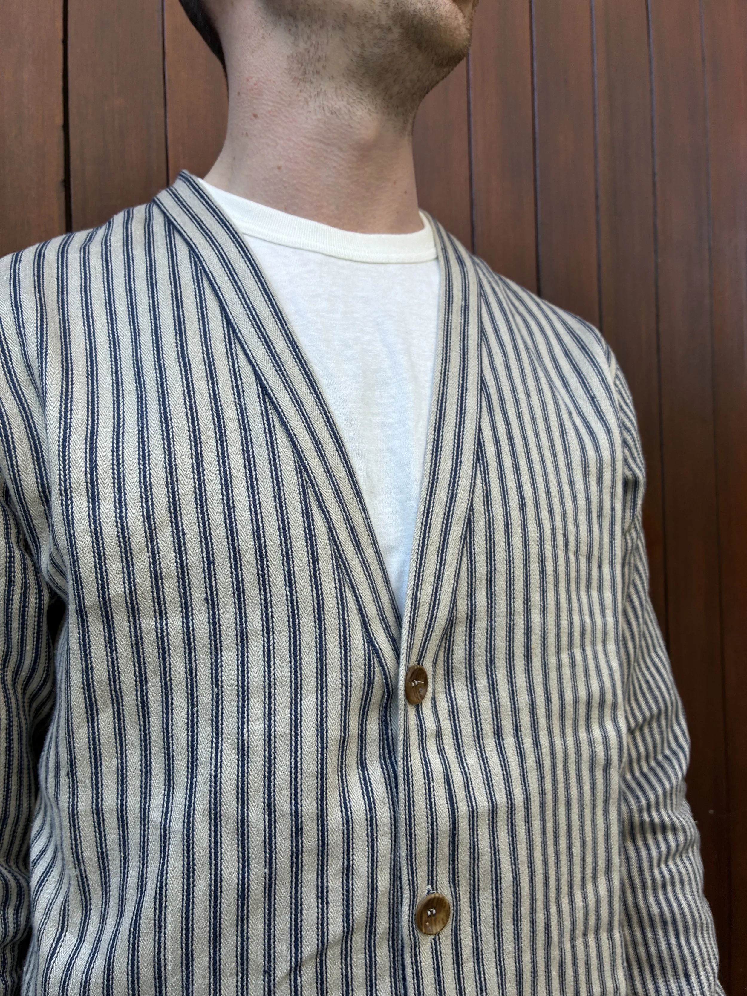 Close up of Frank Leder Striped Linen Cardigan Jacket over t shirt