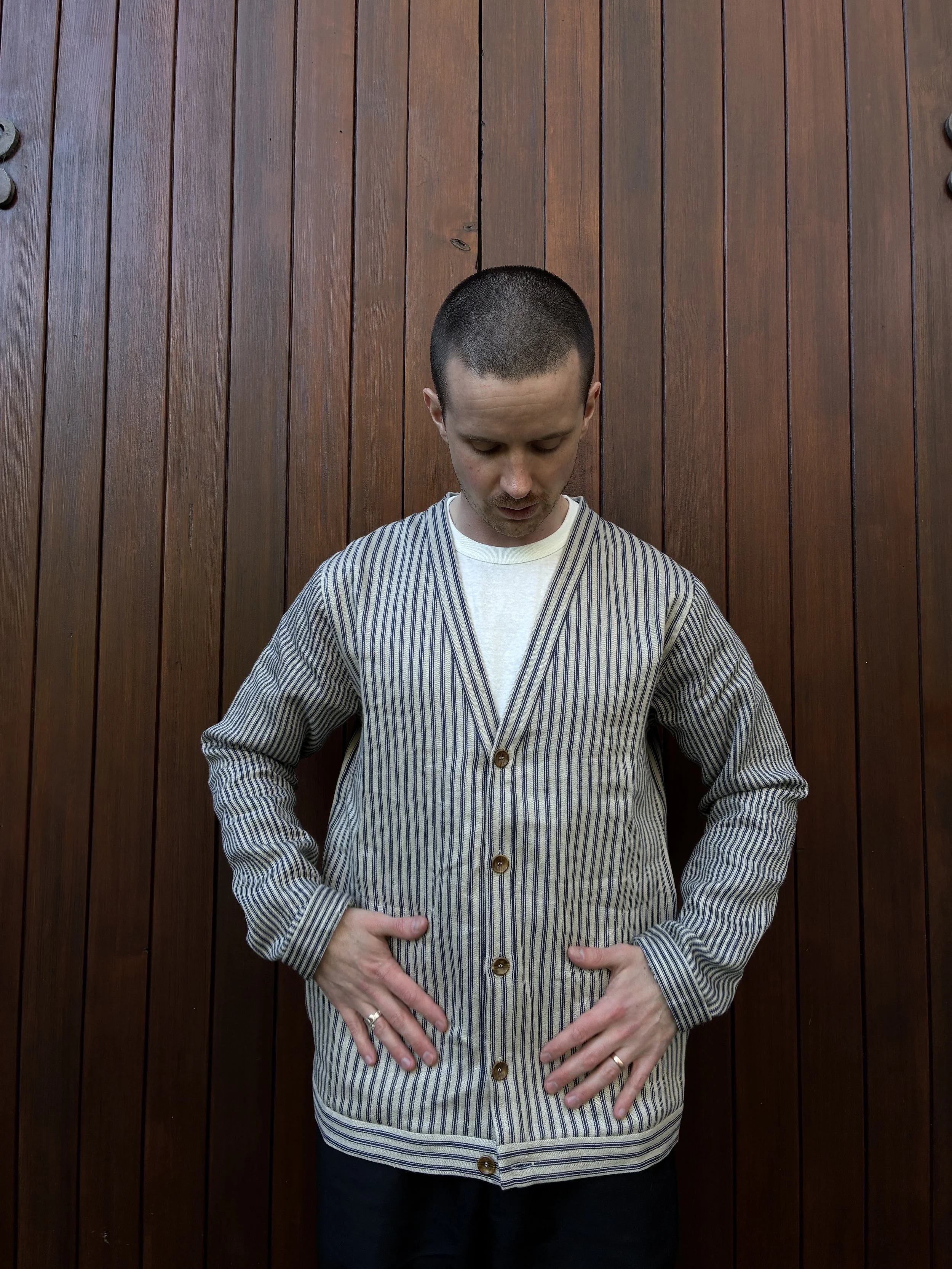 Close up of Man in Frank Leder Striped Linen Cardigan Jacket outside