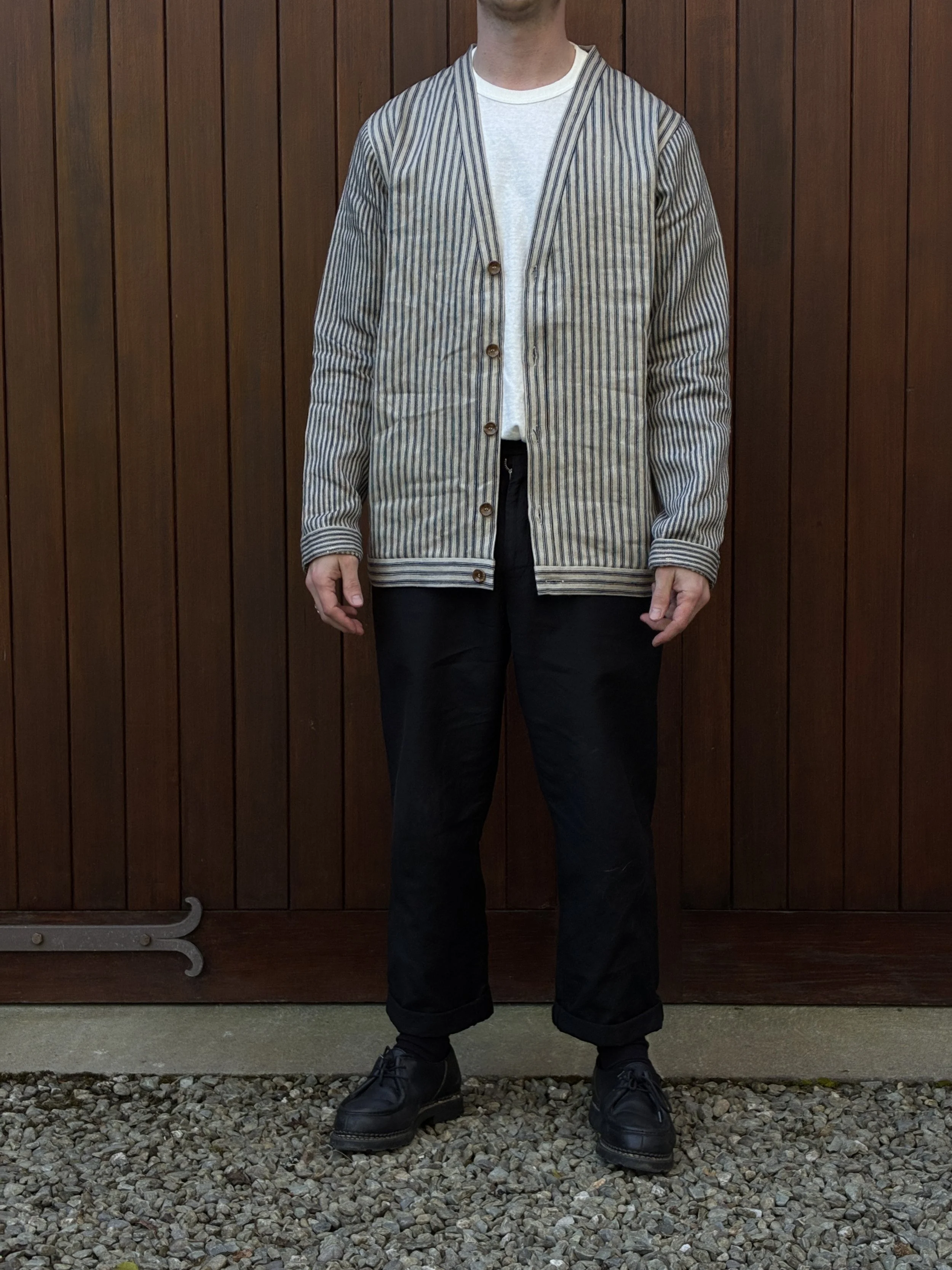 Bottom half of man wearing Frank Leder Striped Linen Cardigan Jacket