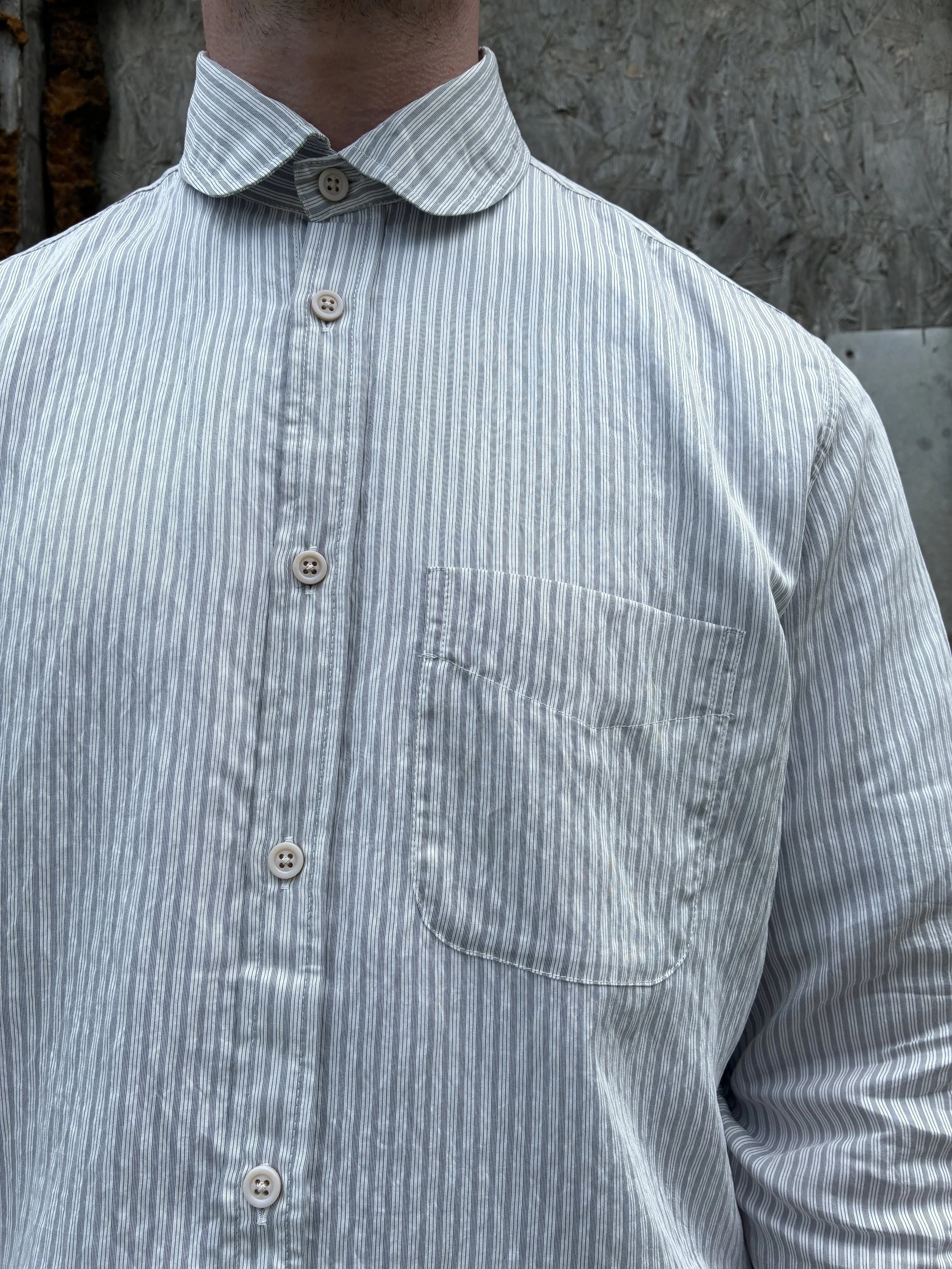 Closeup of collar of 1st PAT-RN Boston Shirt in Fine Stripes worn on man