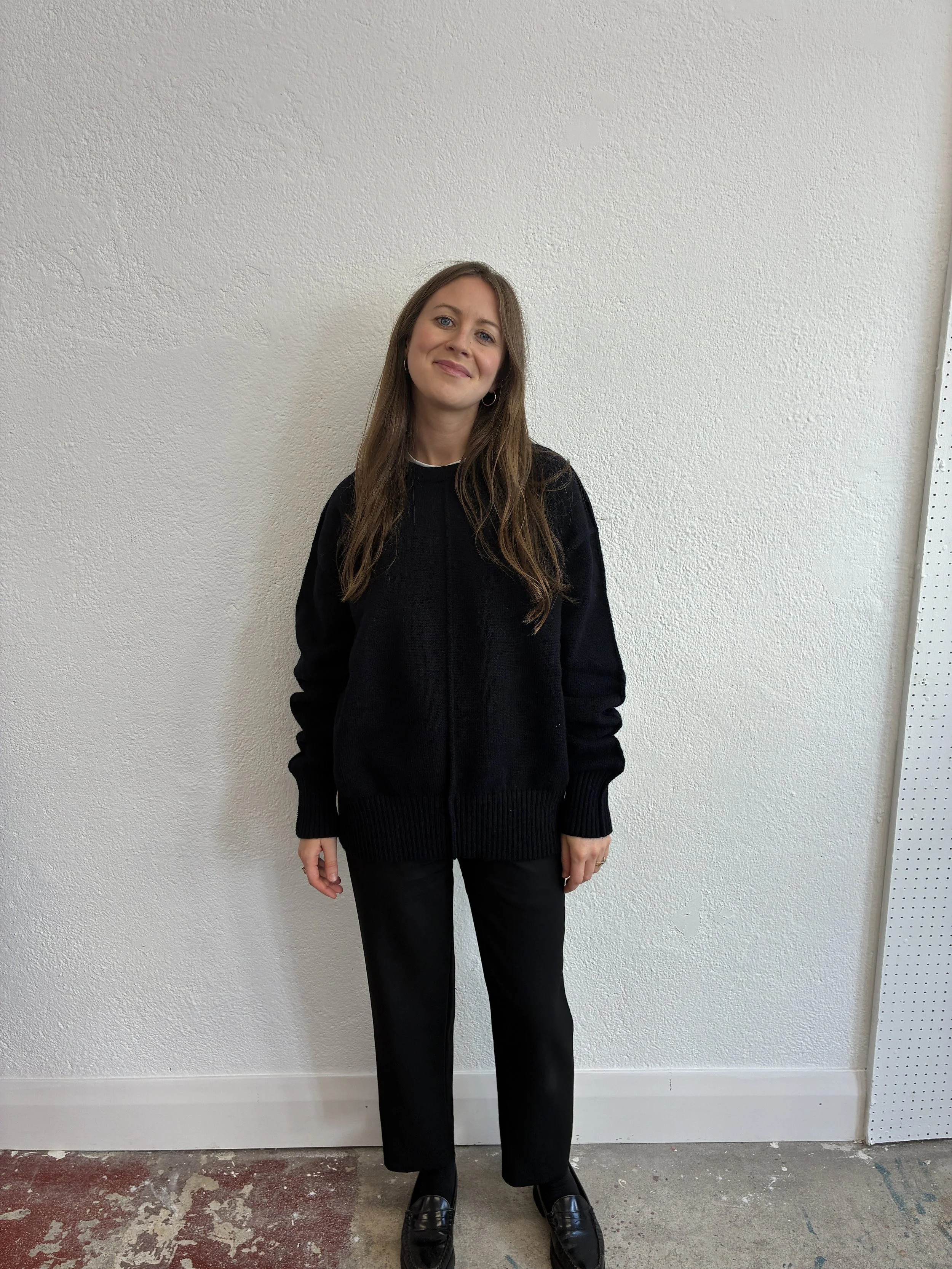Woman wearing the Navy Tender Co Type 719 Butterfly Jumper