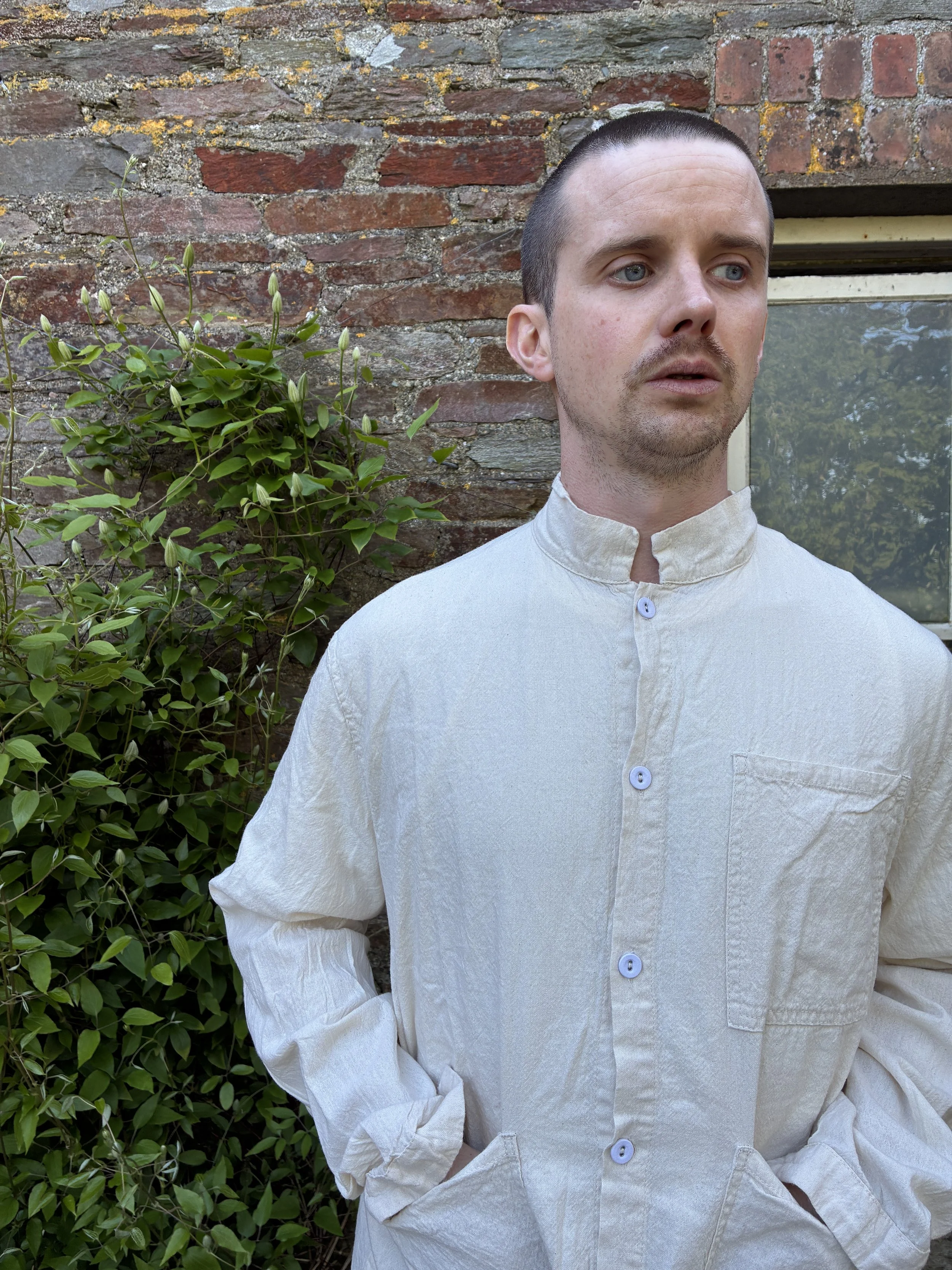 Closeup of man modelling rinsed Tender Co Type 457 Frock Shirt