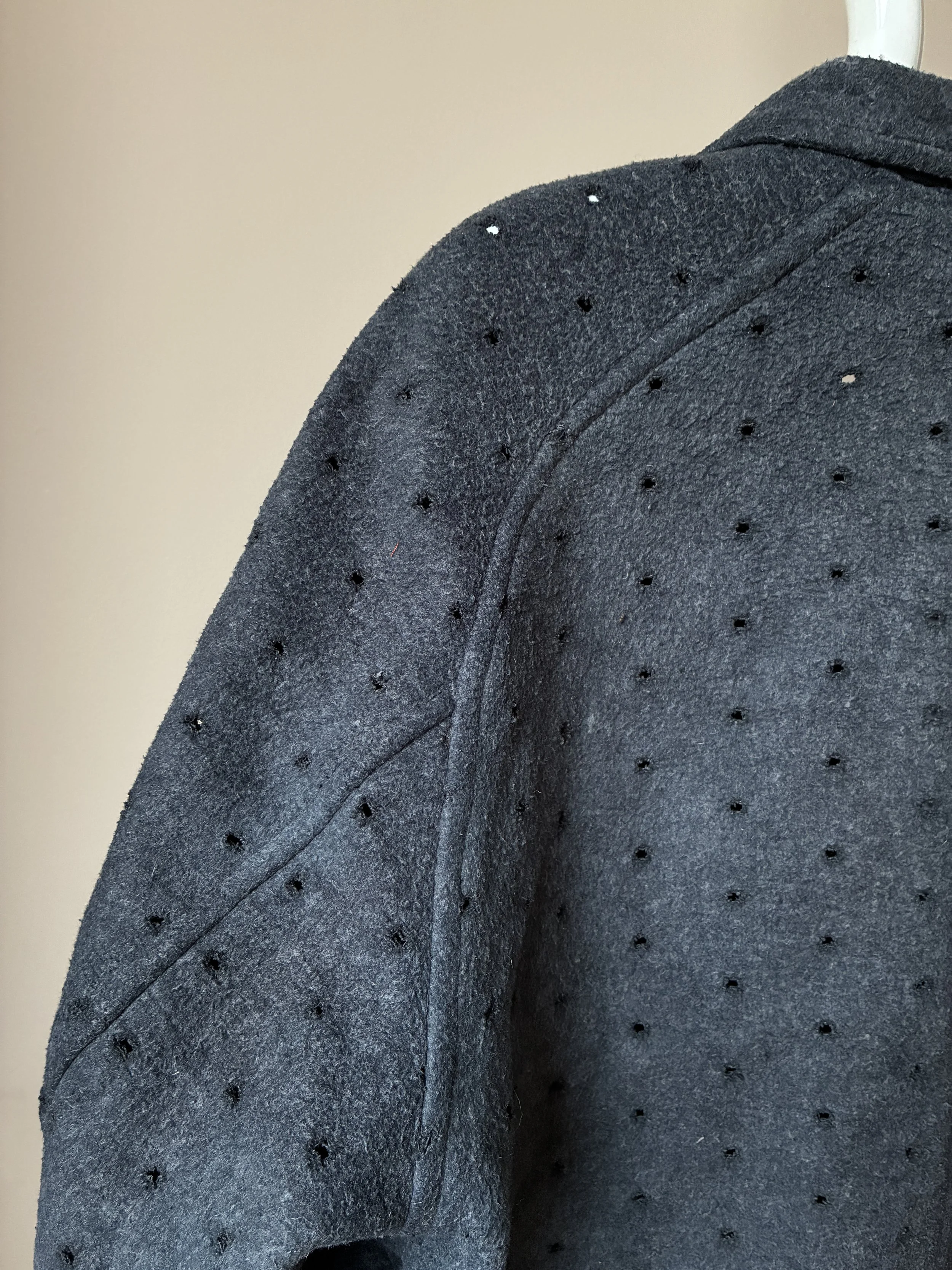 Closeup of shoulder of Middle Distance grey Drill jacket