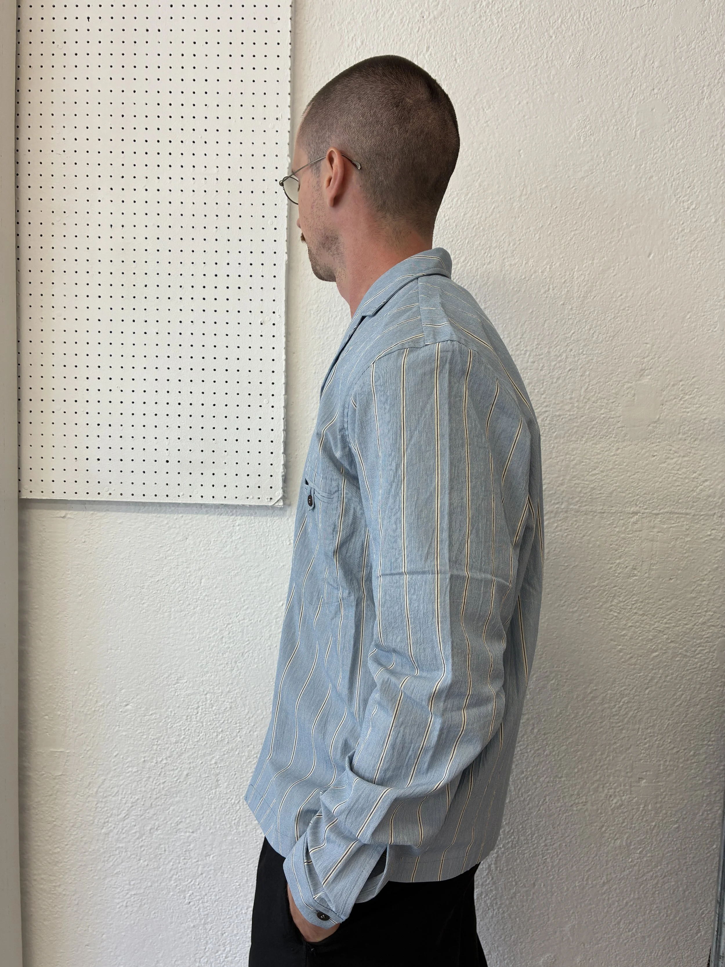 Side of Man wearing Frank Leder Blue Stripe Japanese Cotton Shirt