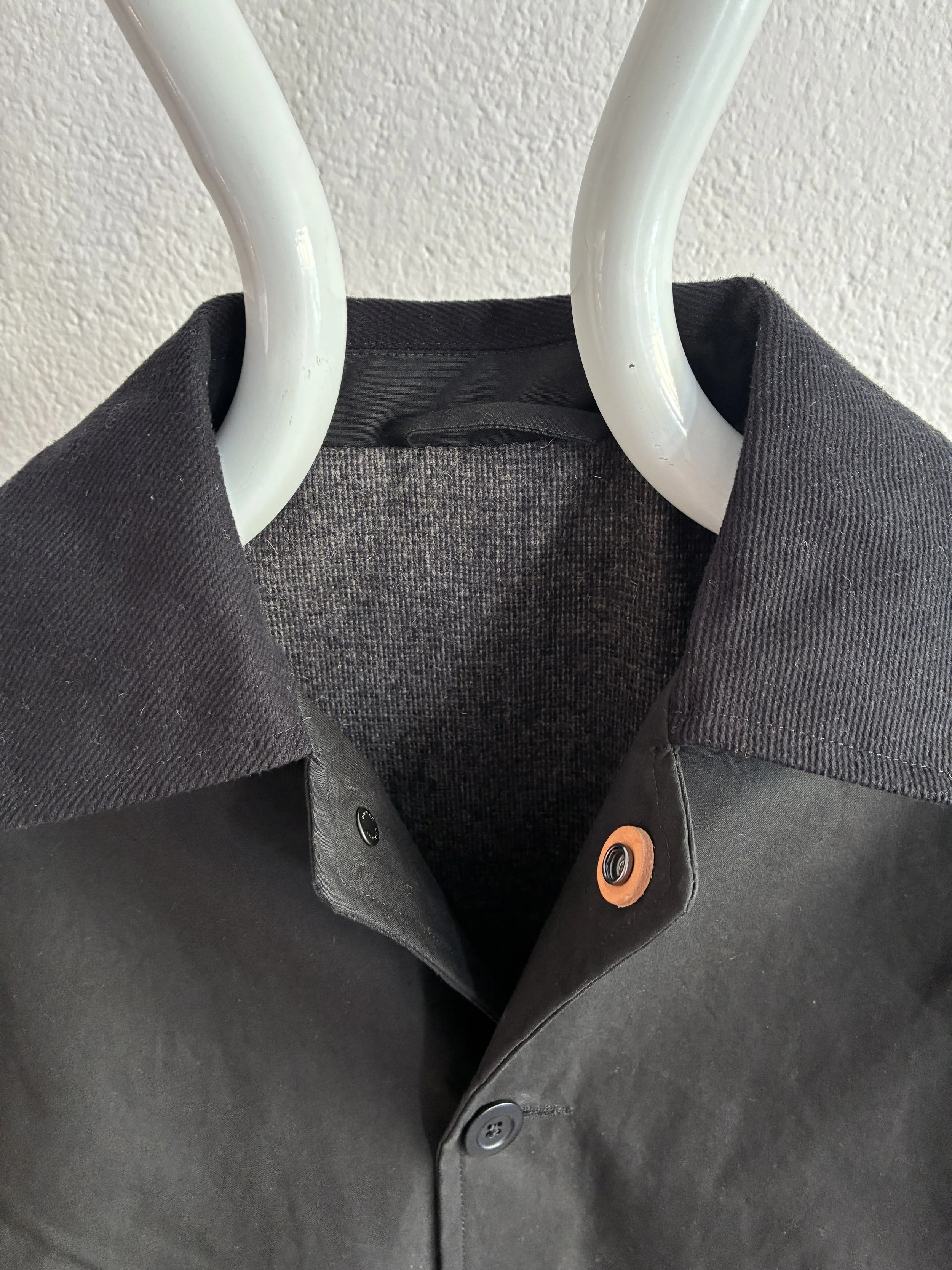 Collar of Black Conkers Blanket Jacket on mannequin