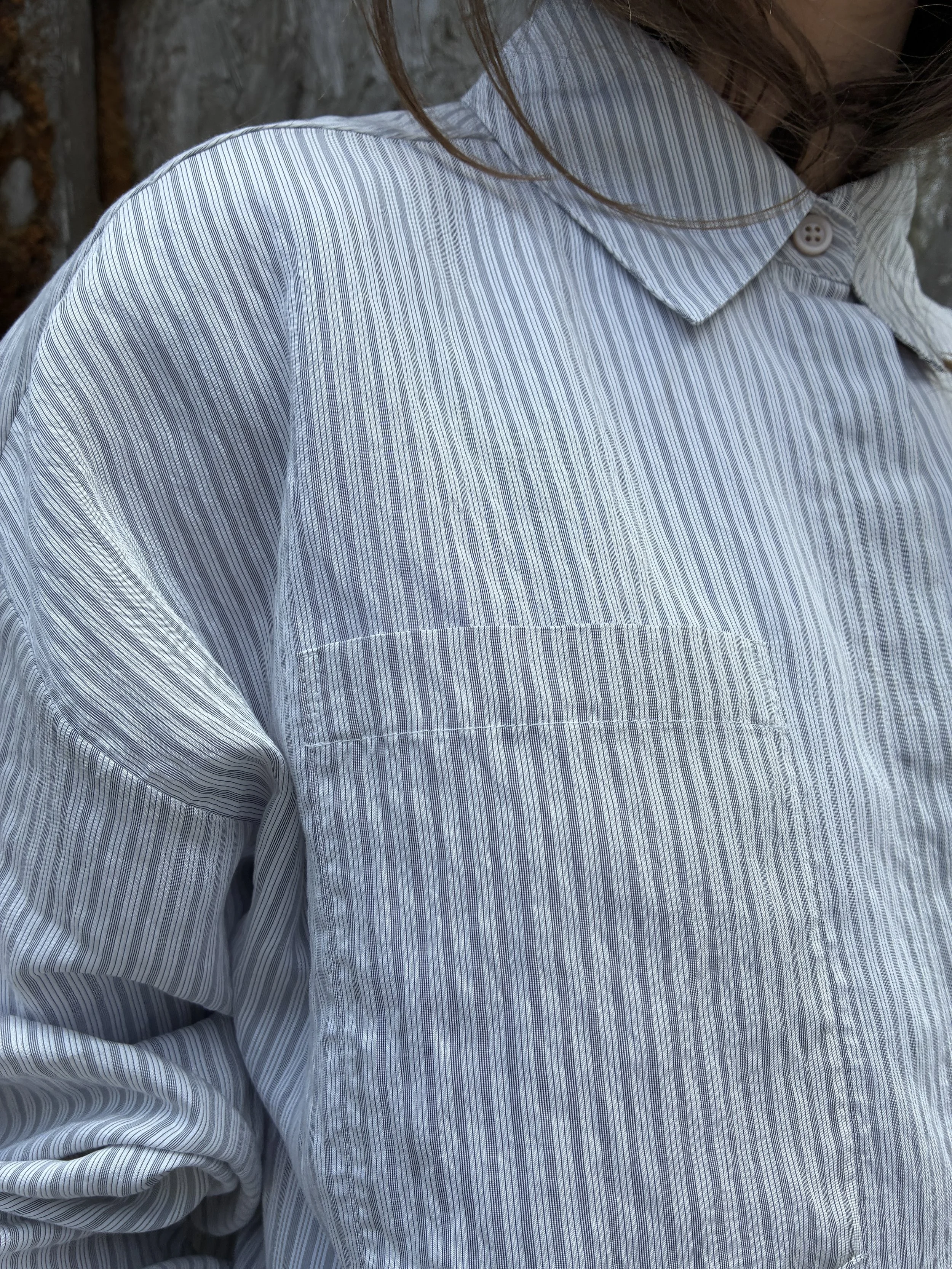 Closeup of collar on woman wearing 1st PAT-RN Woman Modula Shirt in Fine Stripes