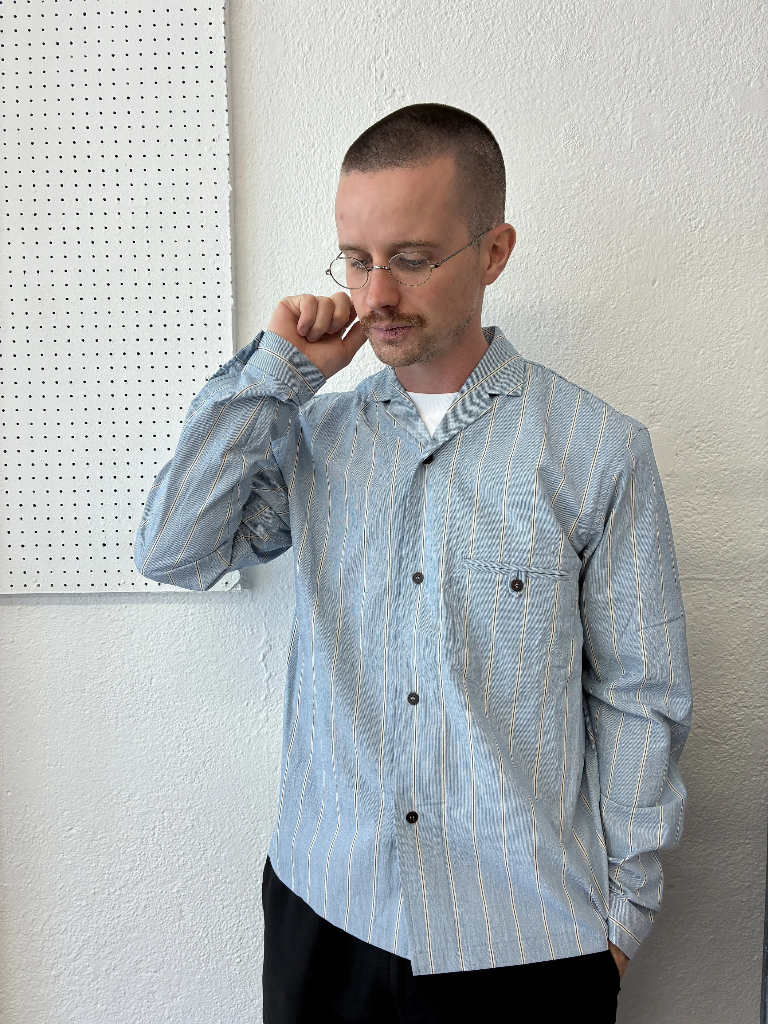 Man wearing Frank Leder Blue Stripe Japanese Cotton Shirt