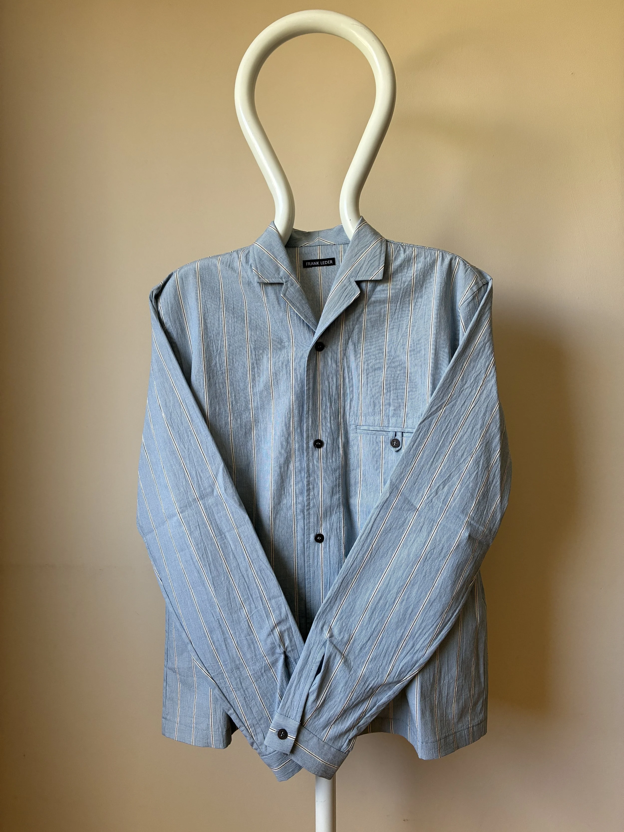 Frank Leder Japanese Cotton Blue Stripe Shirt on mannequin