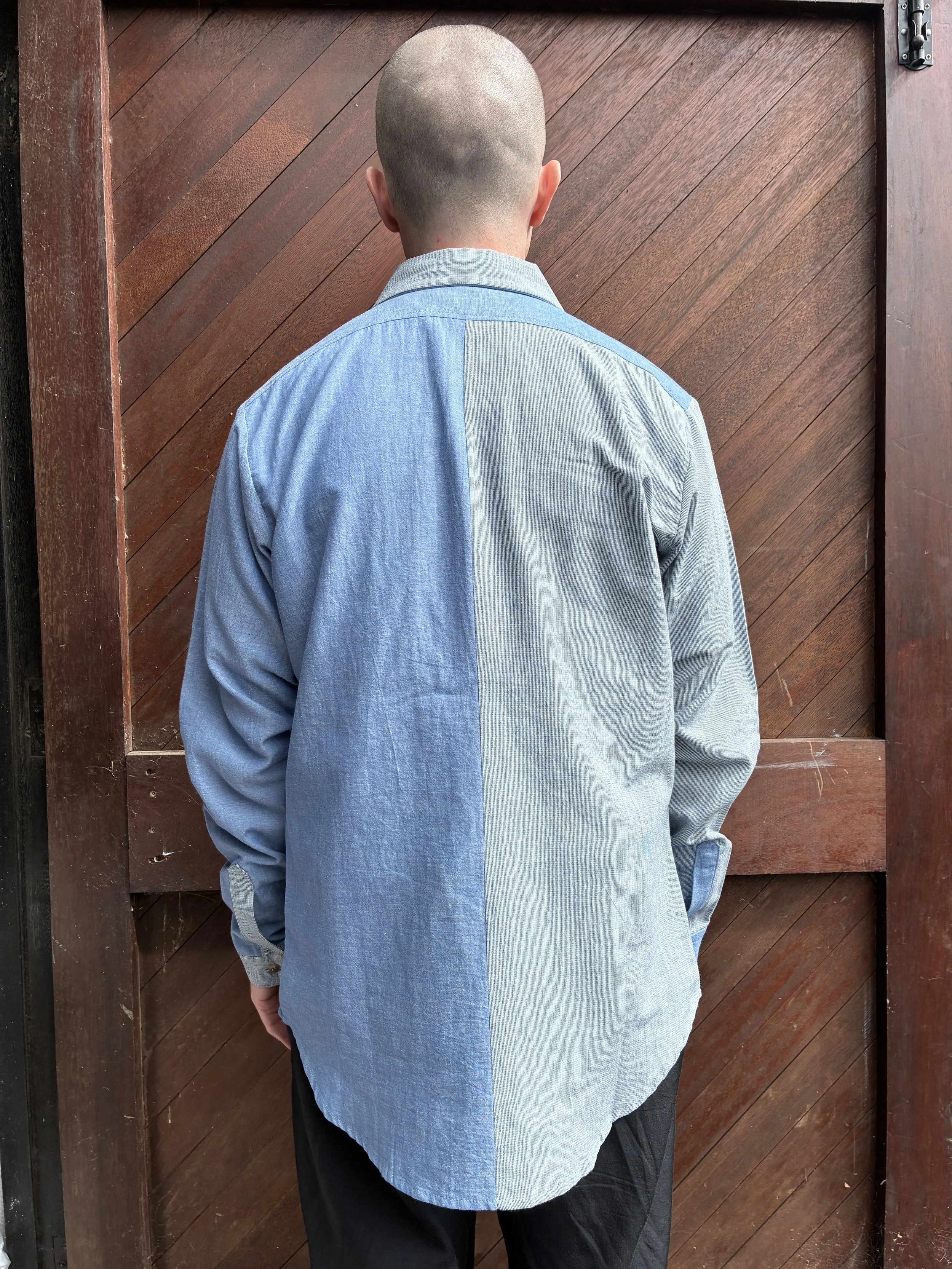 Back of Man in front of door wearing Frank Leder Blue Patchwork Vintage Fabric Edition Shirt