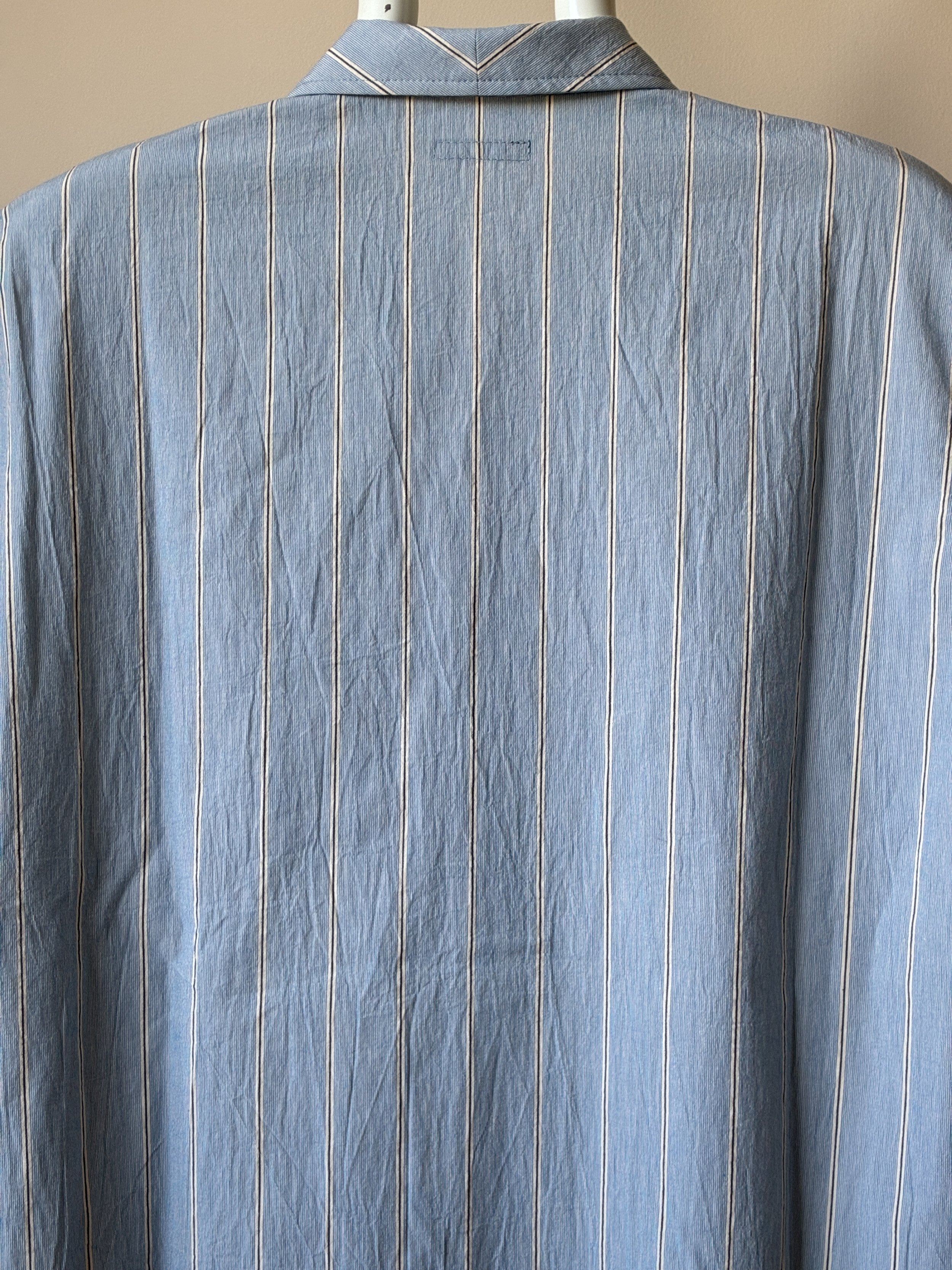 Close up of Frank Leder blue striped Japanese fabric