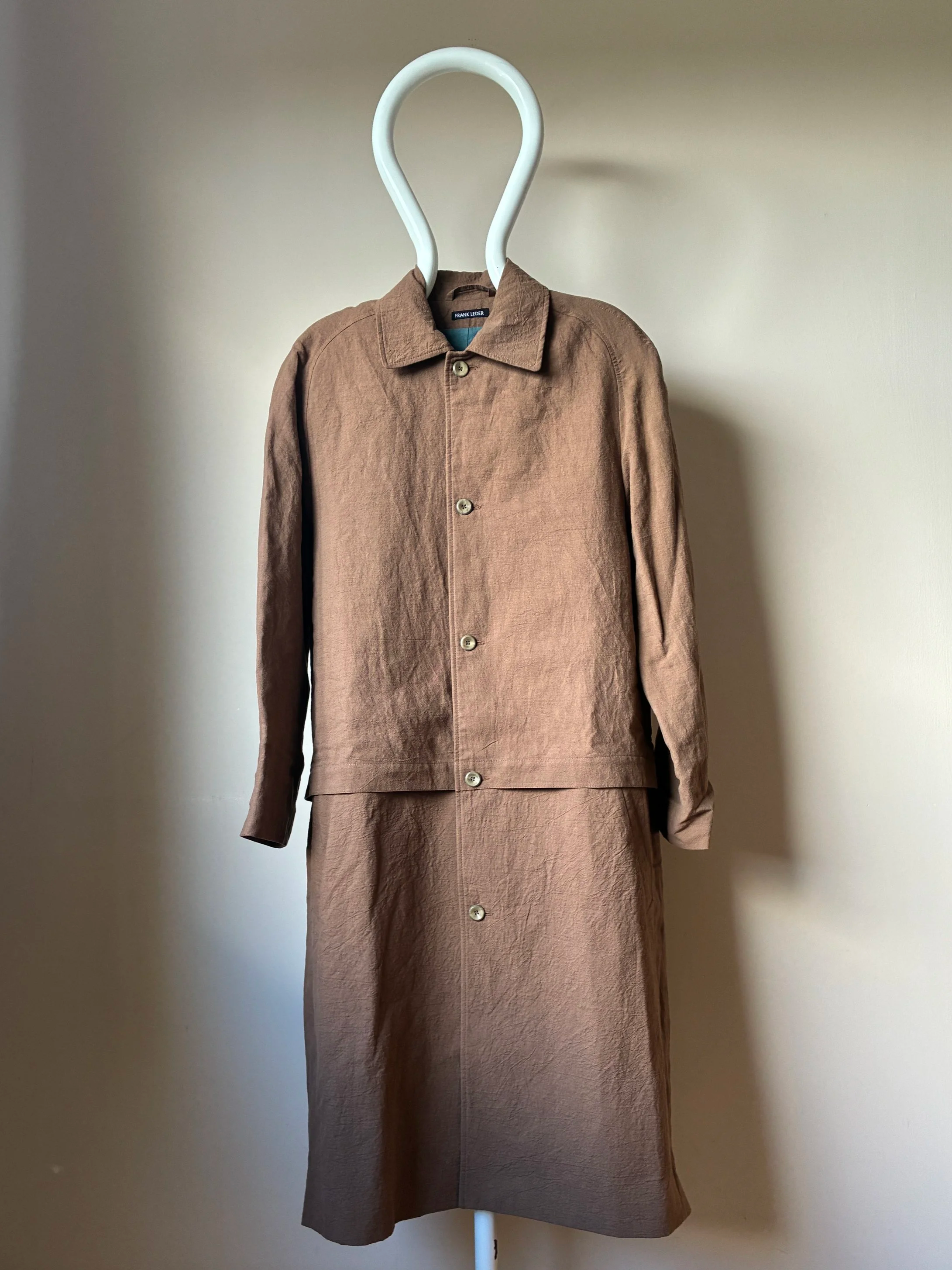 Frank Leder Reversible Coat in Brown and Teal on mannequin