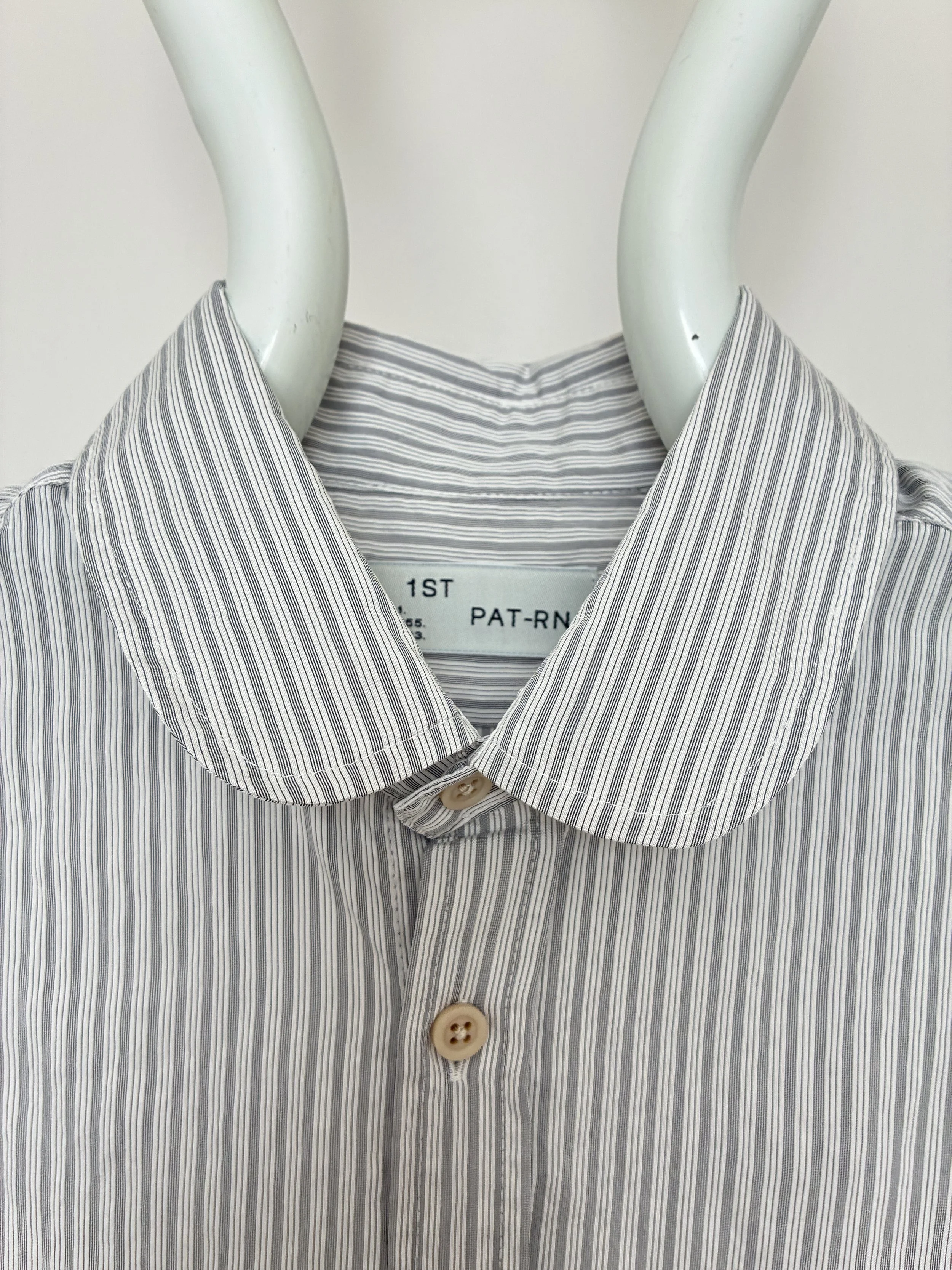 Closeup of collar of 1st PAT-RN Boston Shirt in Fine Stripes on mannequin