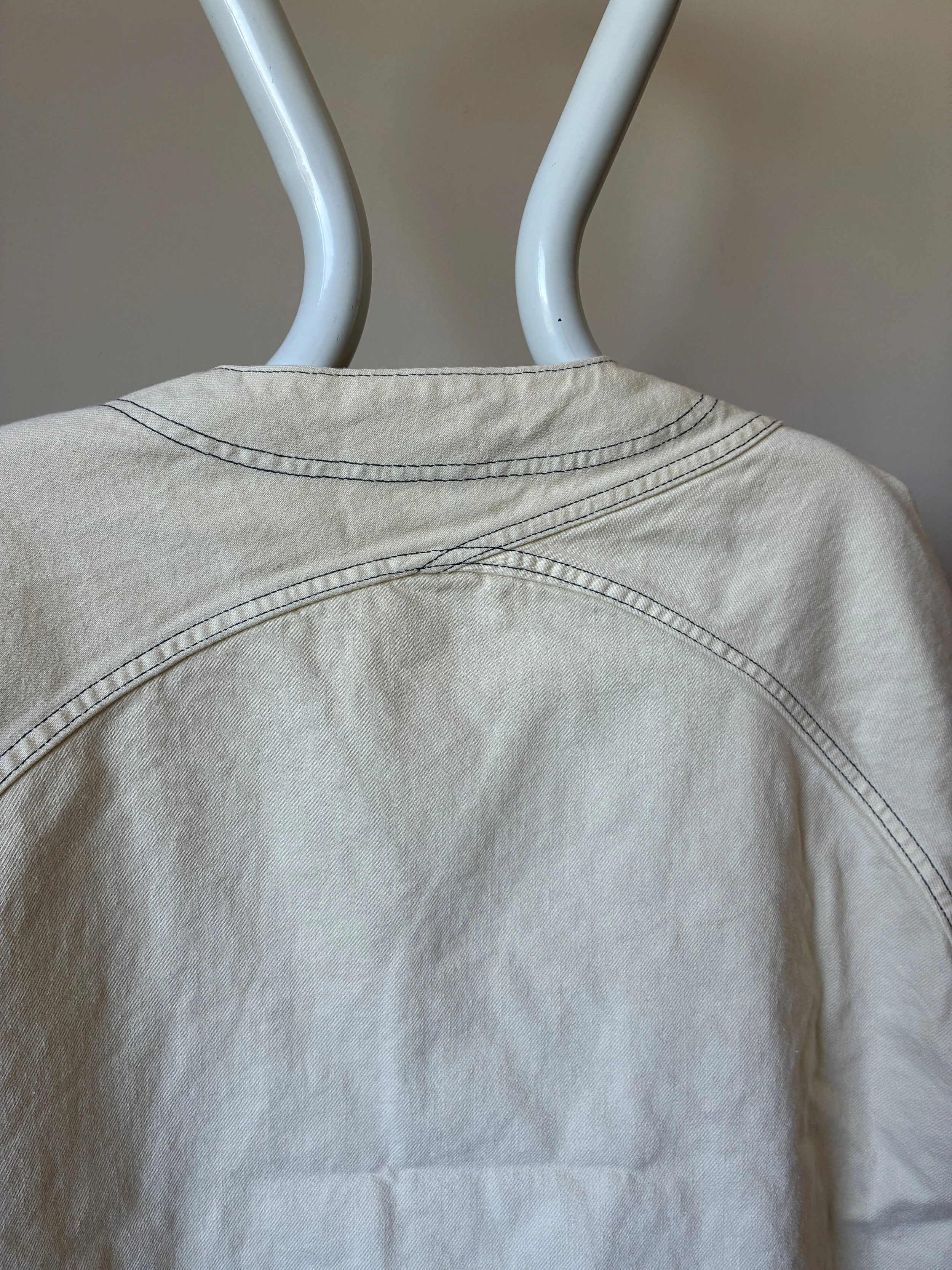 Close up of back of Working Skewed yeast jacket on mannequin