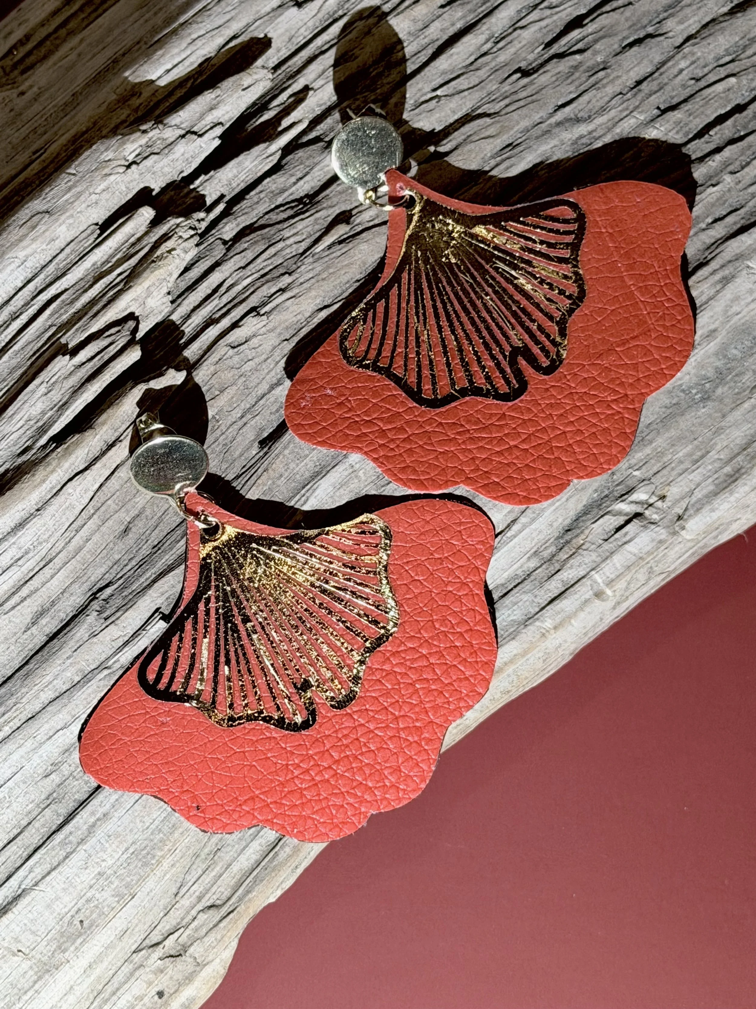 Red and gold gingko earrings